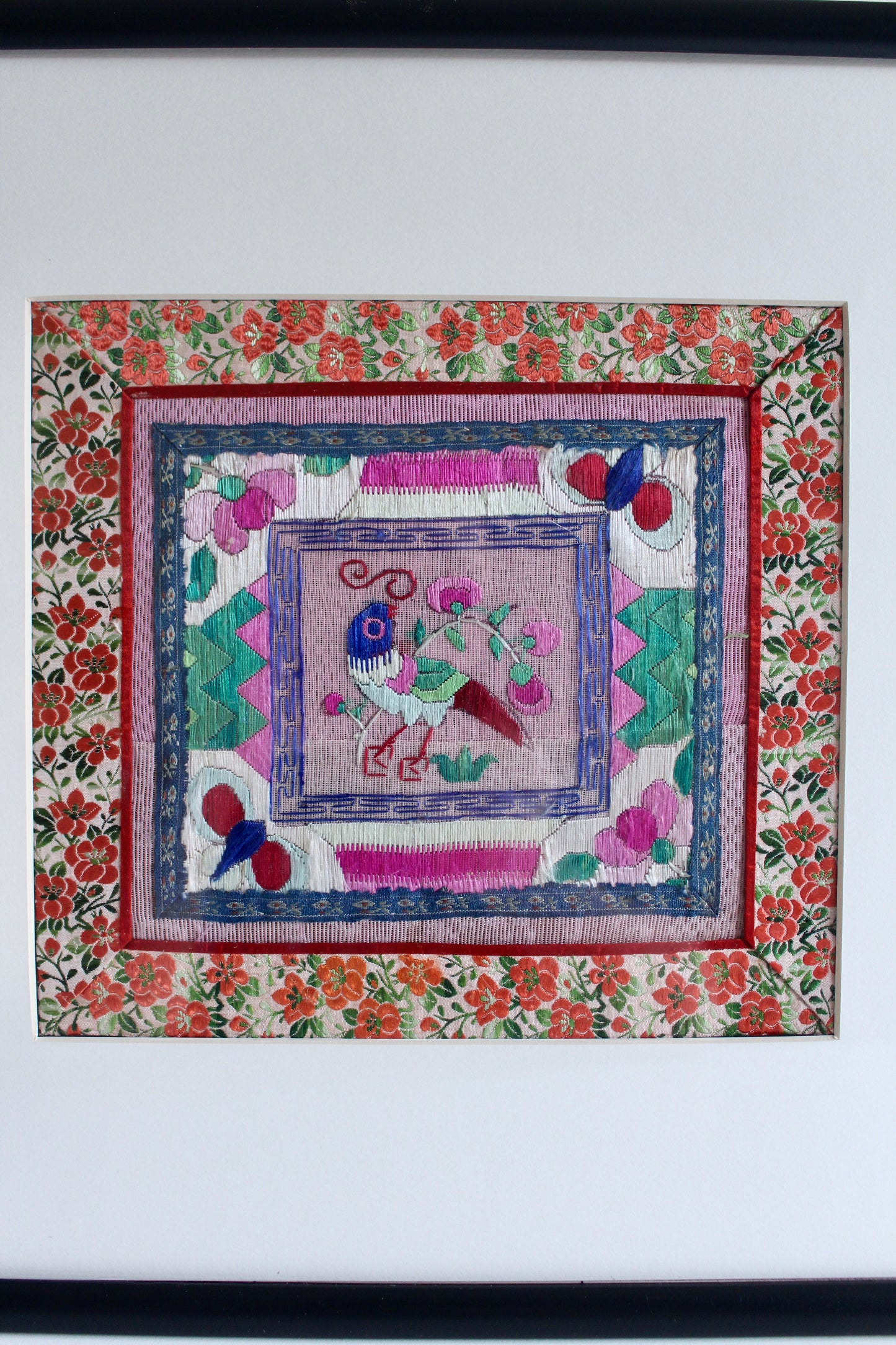 Vintage Chinese Folk Embroidery Bird Panel – Custom Framed