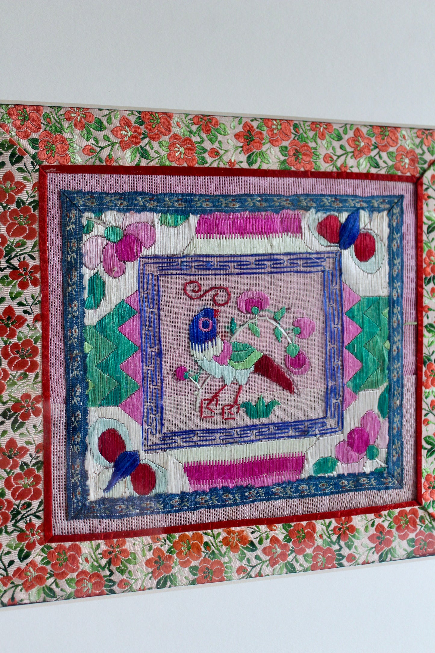 Vintage Chinese Folk Embroidery Bird Panel – Custom Framed