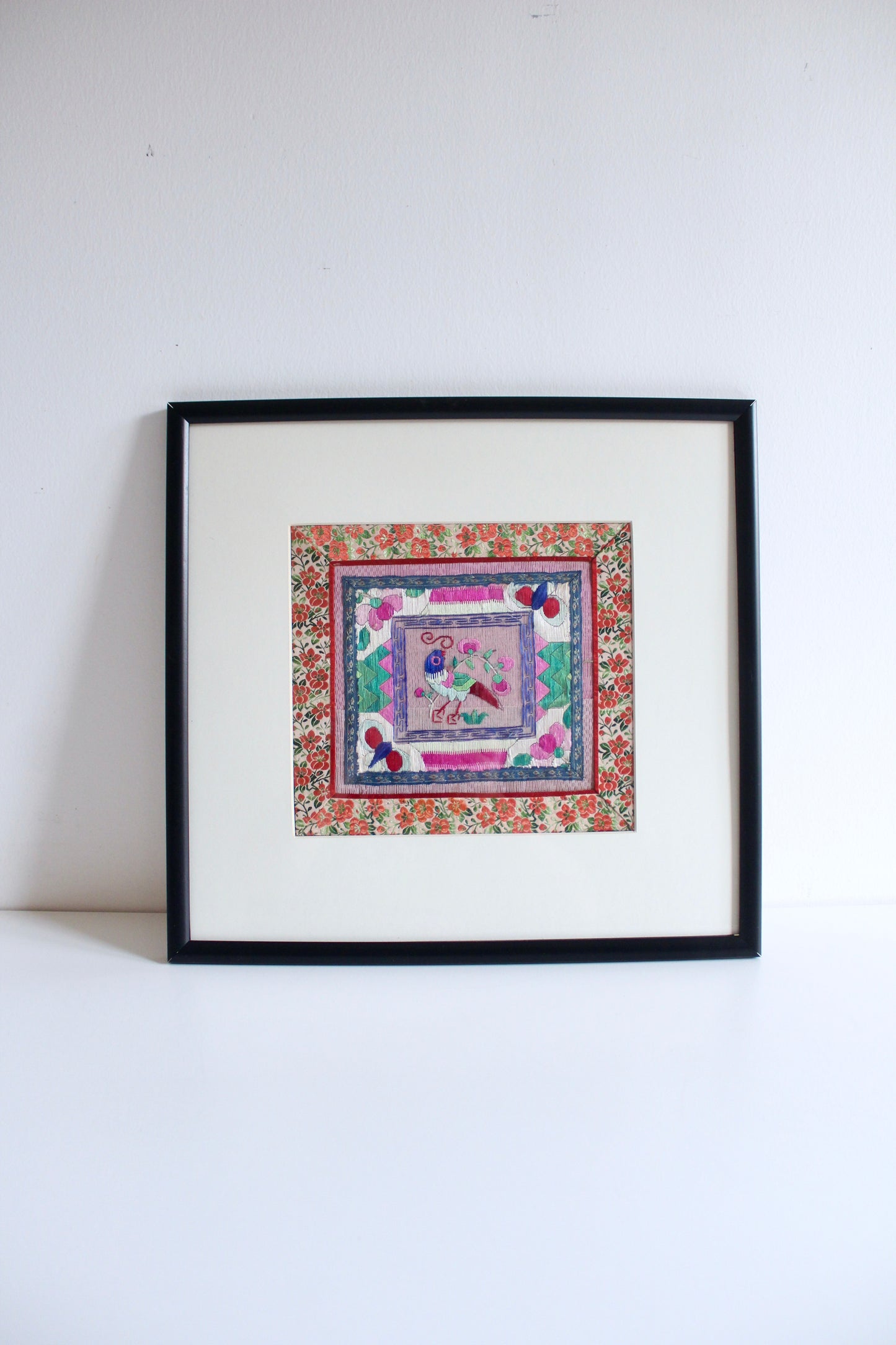 Vintage Chinese Folk Embroidery Bird Panel – Custom Framed