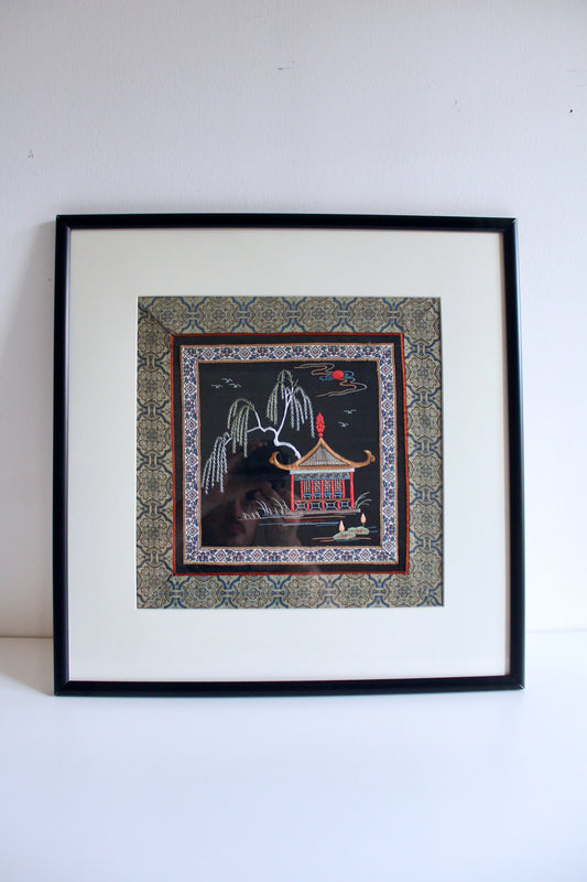 Vintage Chinese Silk Embroidery – Pavilion Beneath a Willow Tree - On Hold