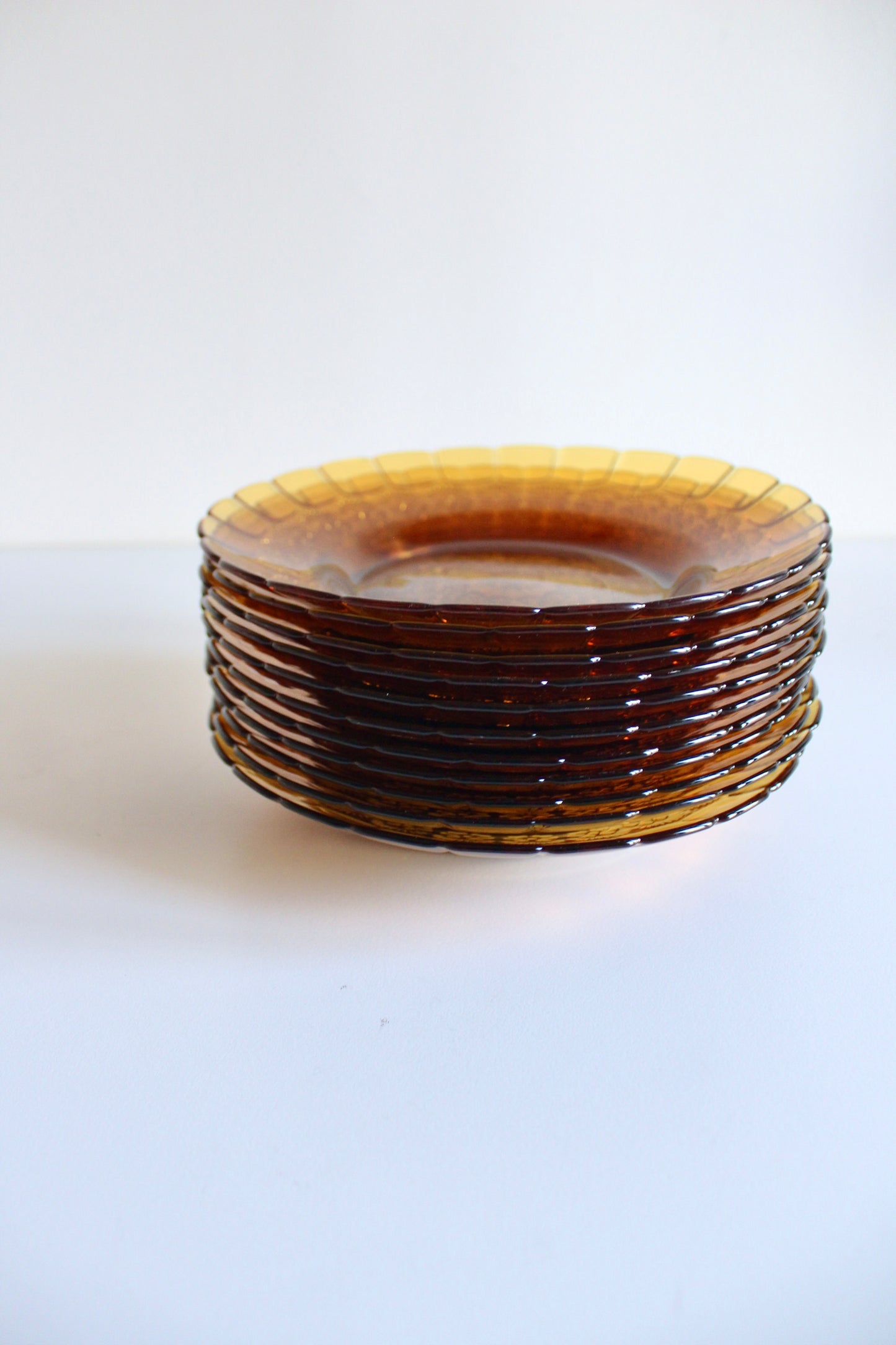 Set of 11 Vintage Amber Pressed-Glass Plates
