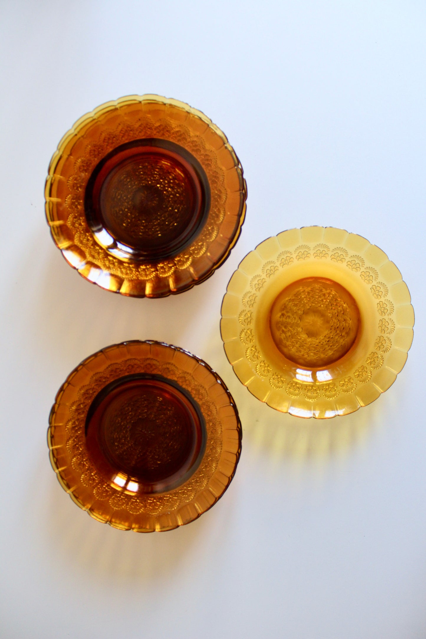 Set of 11 Vintage Amber Pressed-Glass Plates
