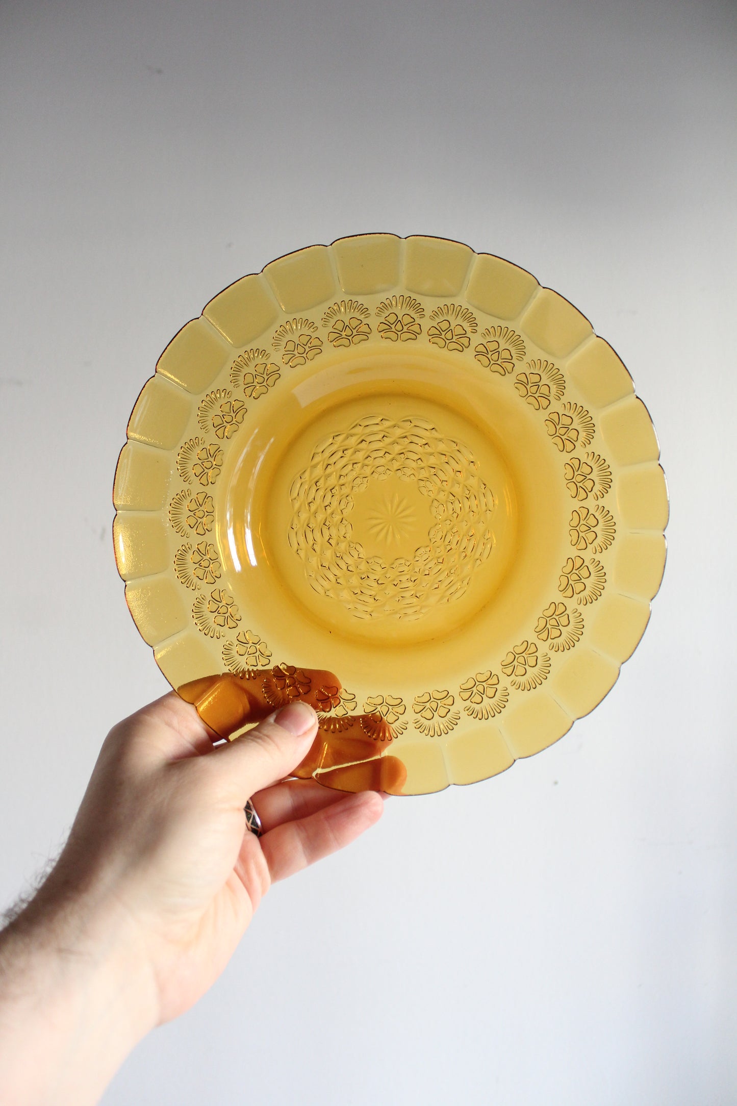 Set of 11 Vintage Amber Pressed-Glass Plates
