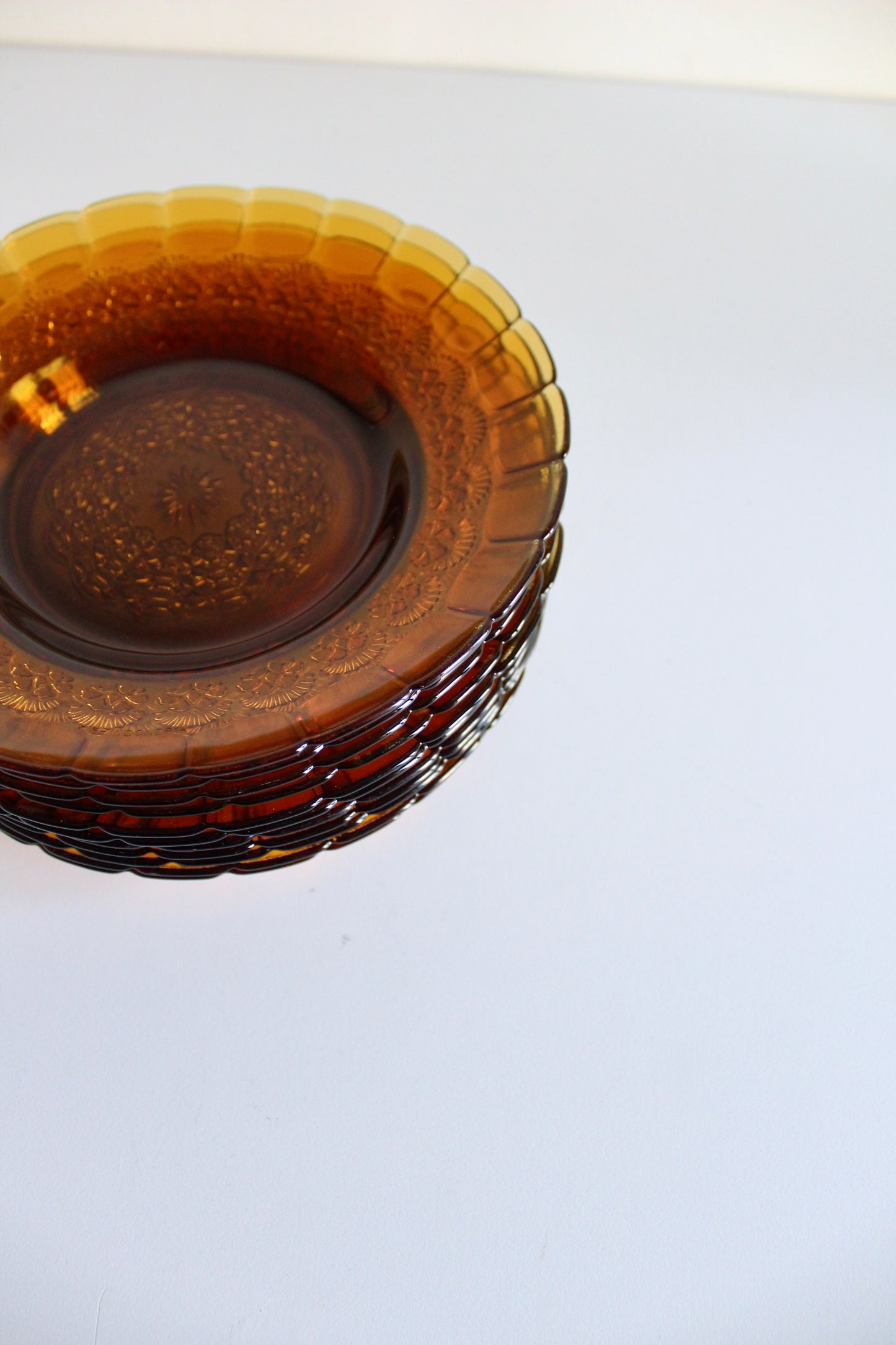Set of 11 Vintage Amber Pressed-Glass Plates