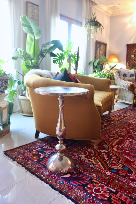 Vintage Indian Polished Aluminum Pedestal Side Table