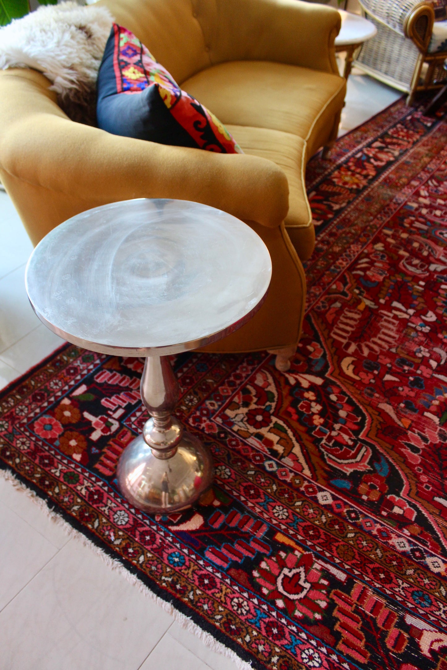 Vintage Indian Polished Aluminum Pedestal Side Table
