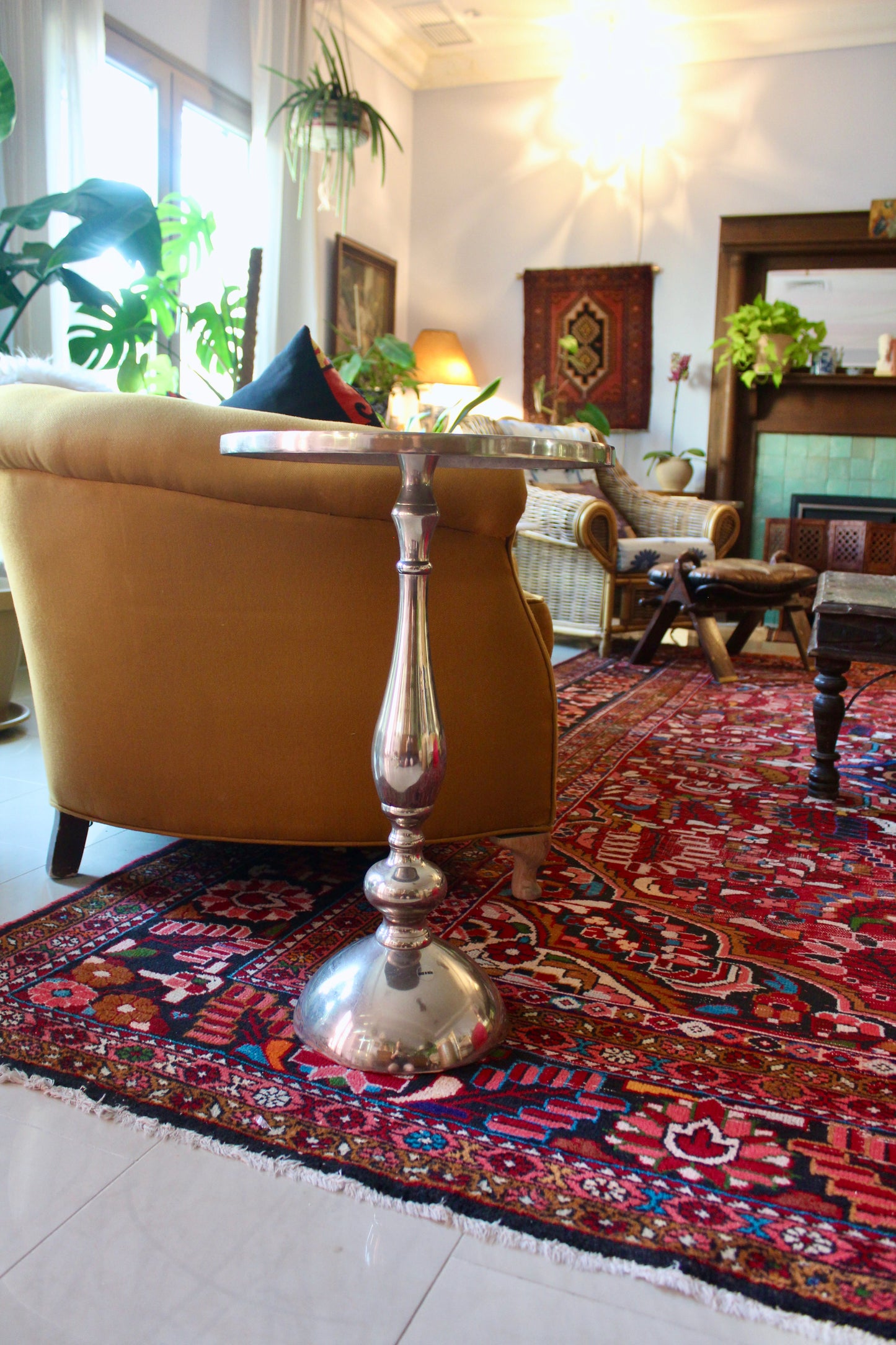 Vintage Indian Polished Aluminum Pedestal Side Table