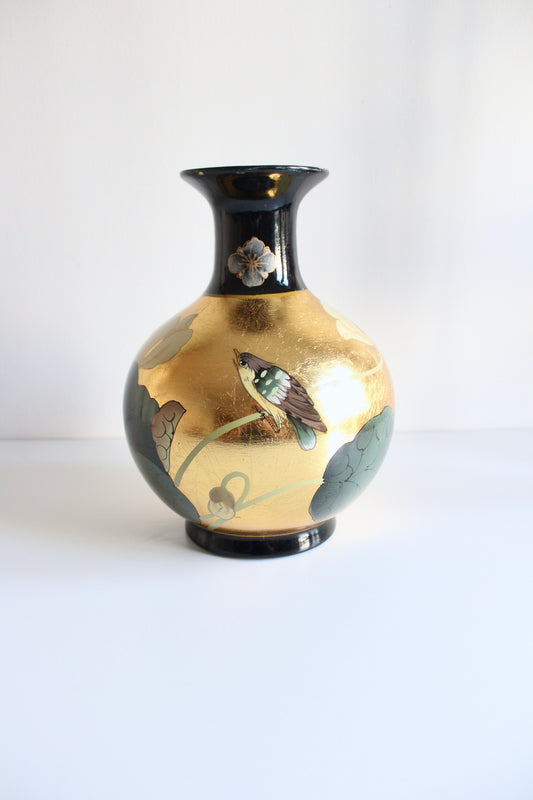 Vintage Chinese Gold-Leaf Bird & Lotus Porcelain Vase