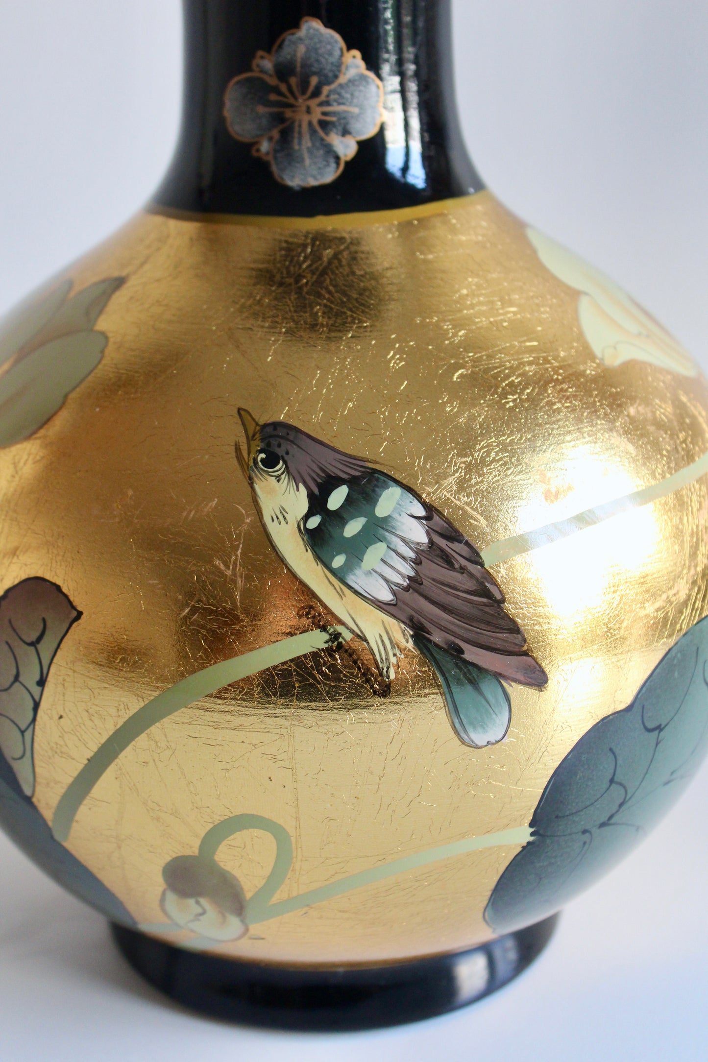 Vintage Chinese Gold-Leaf Bird & Lotus Porcelain Vase