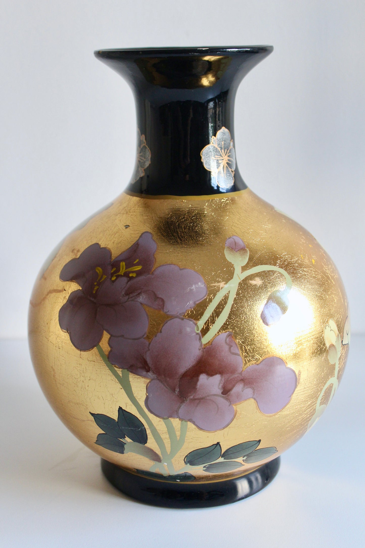 Vintage Chinese Gold-Leaf Bird & Lotus Porcelain Vase