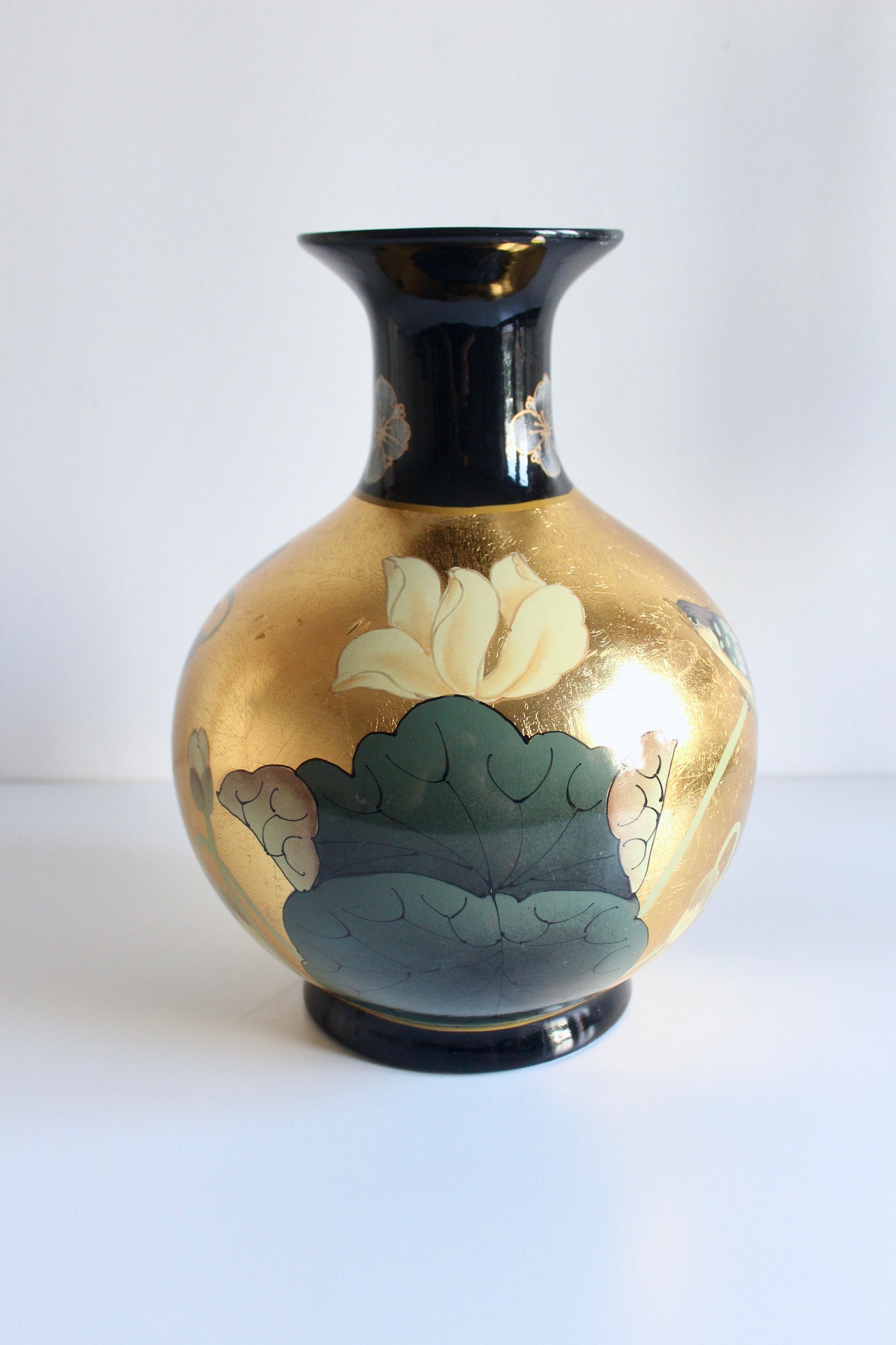 Vintage Chinese Gold-Leaf Bird & Lotus Porcelain Vase