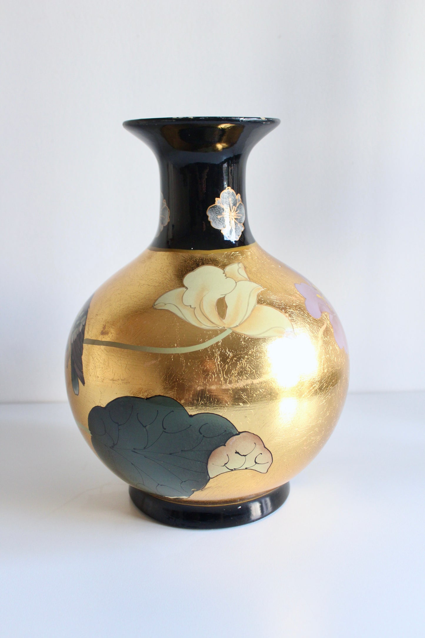Vintage Chinese Gold-Leaf Bird & Lotus Porcelain Vase