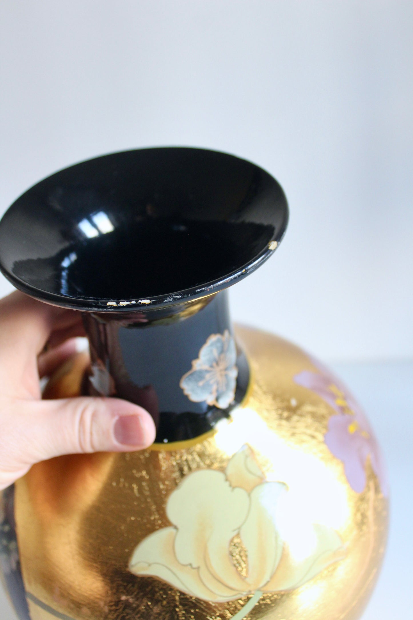 Vintage Chinese Gold-Leaf Bird & Lotus Porcelain Vase