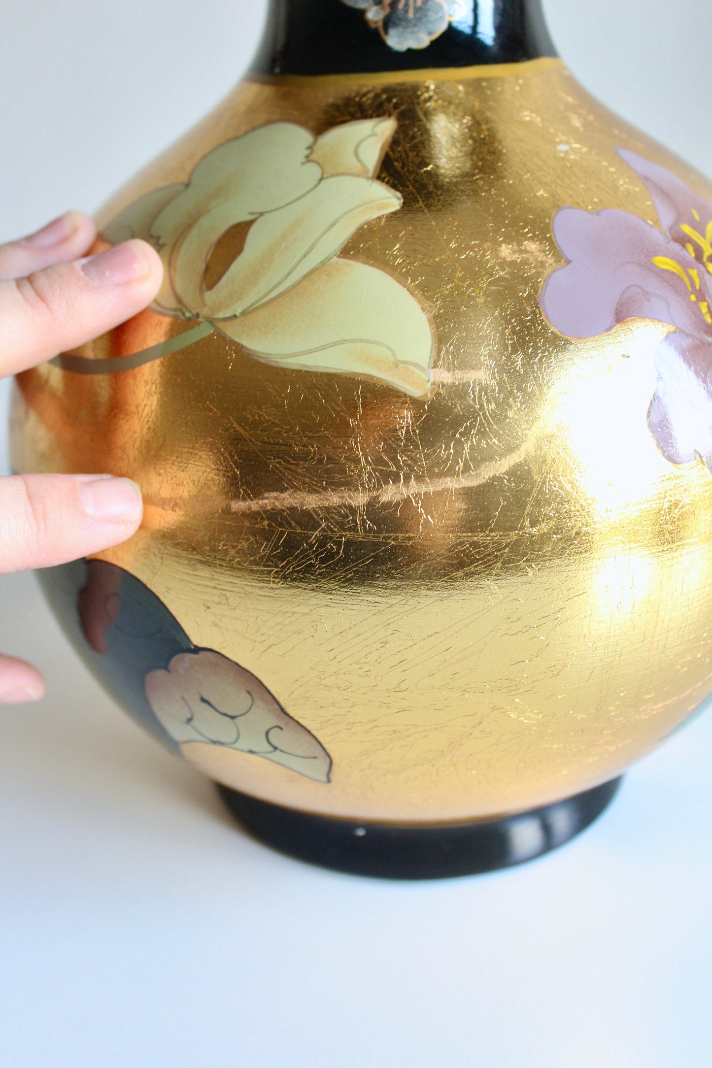 Vintage Chinese Gold-Leaf Bird & Lotus Porcelain Vase
