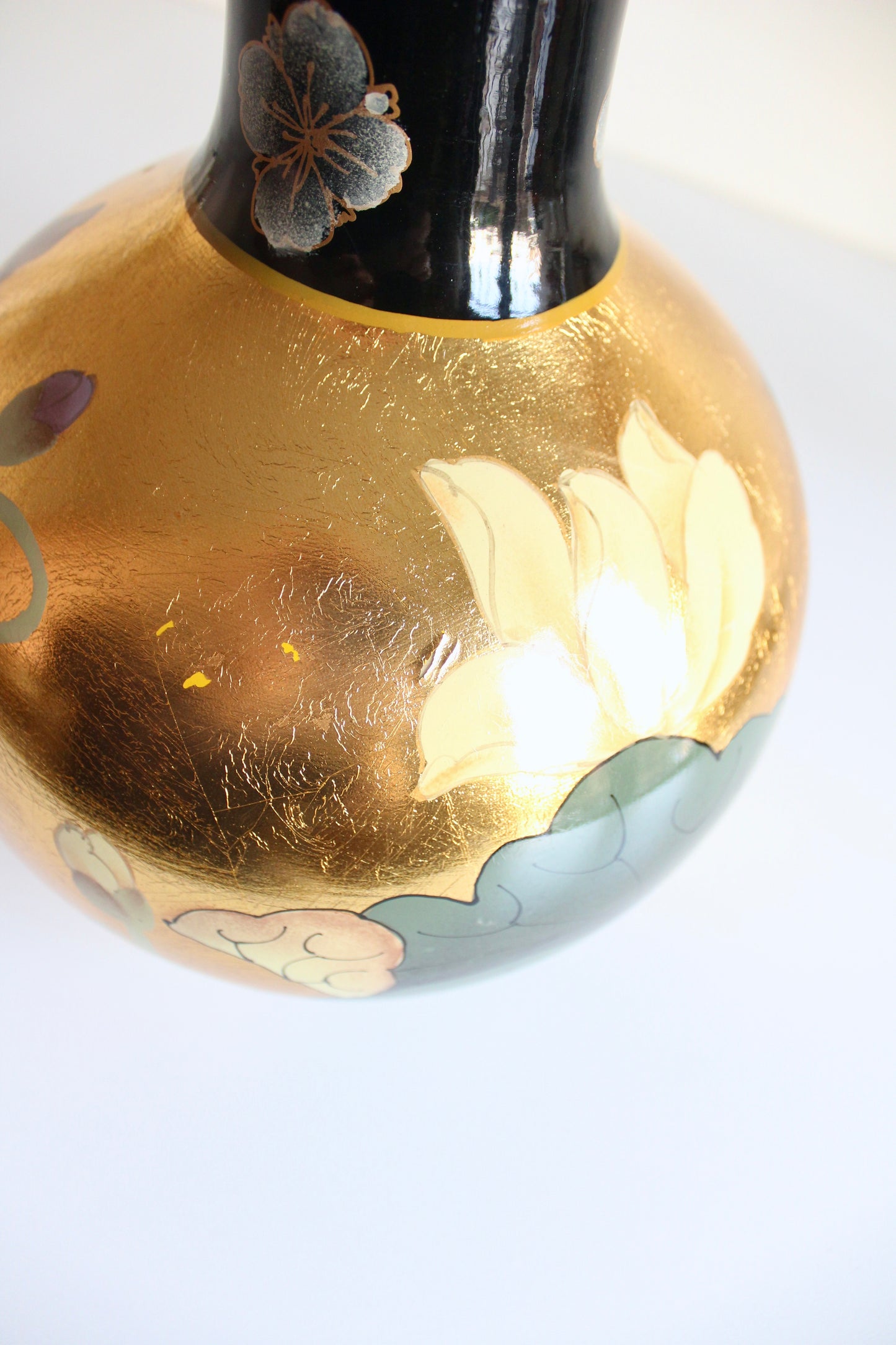 Vintage Chinese Gold-Leaf Bird & Lotus Porcelain Vase