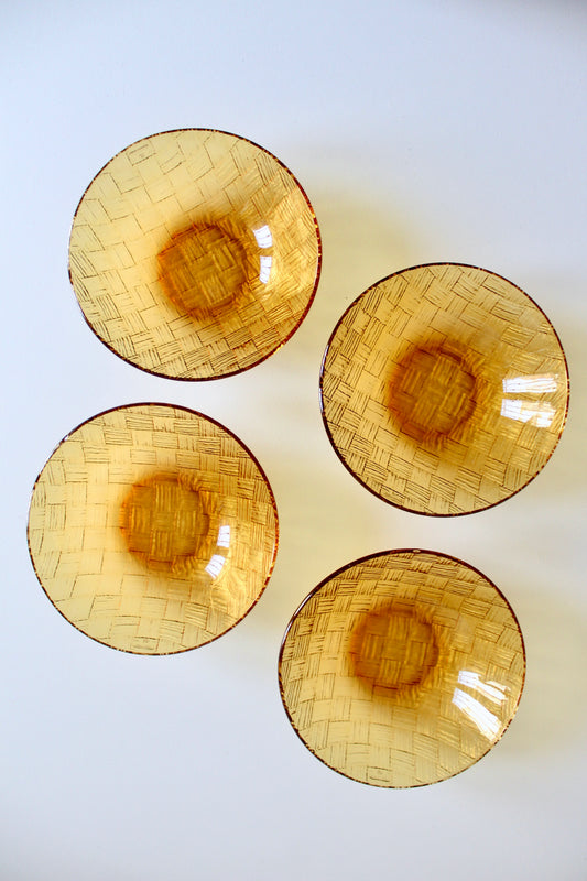 Set of Four Vintage French Amber Basketweave Glass Bowls