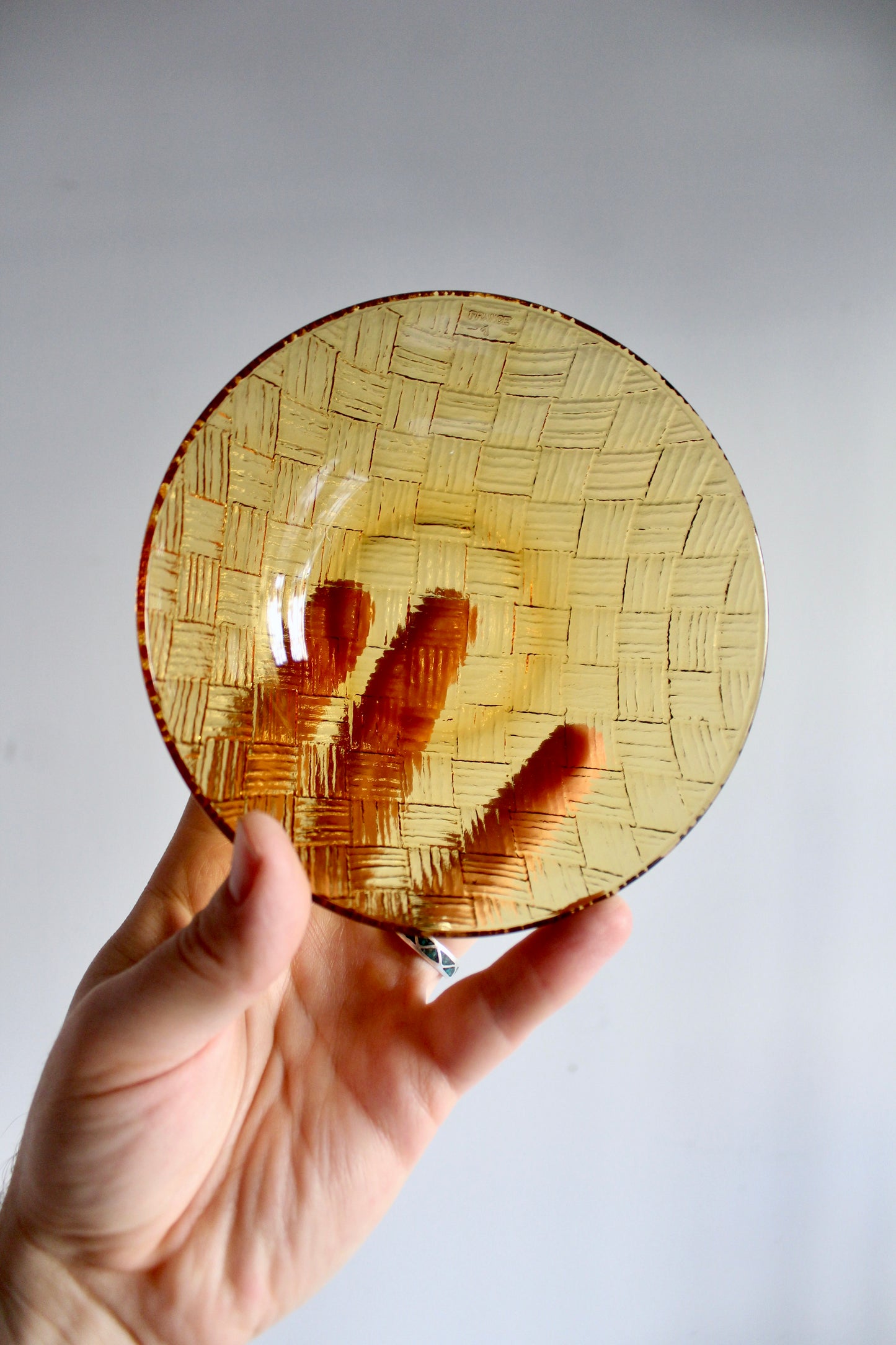 Set of Four Vintage French Amber Basketweave Glass Bowls