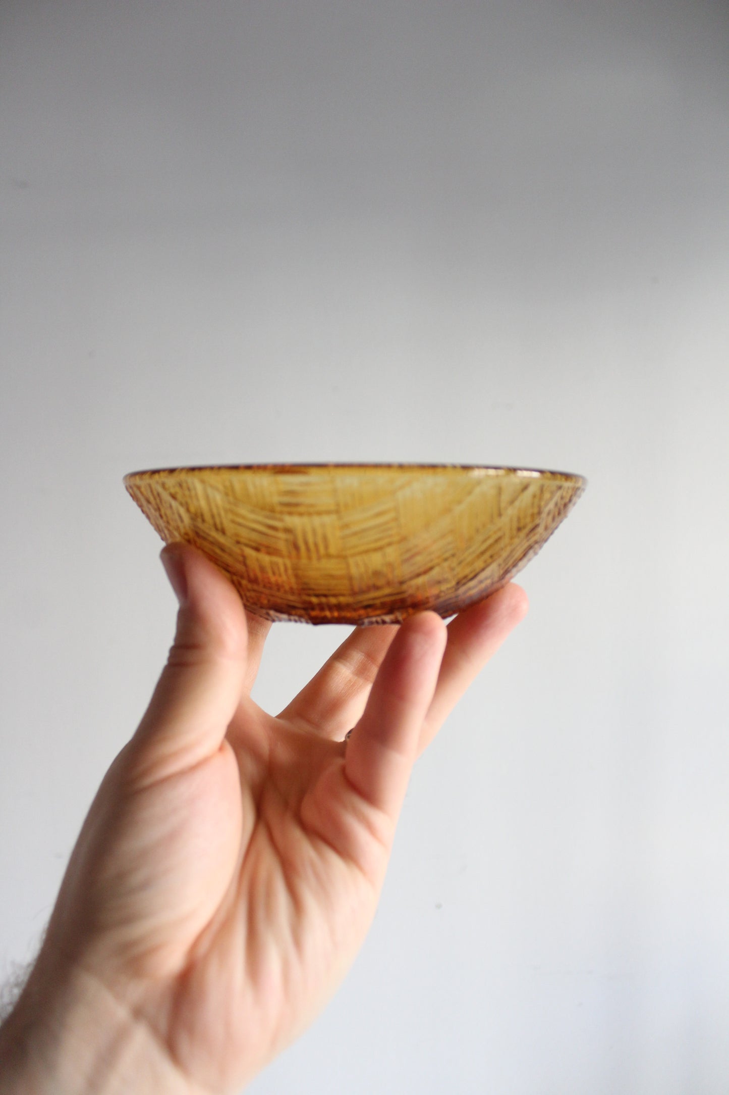 Set of Four Vintage French Amber Basketweave Glass Bowls