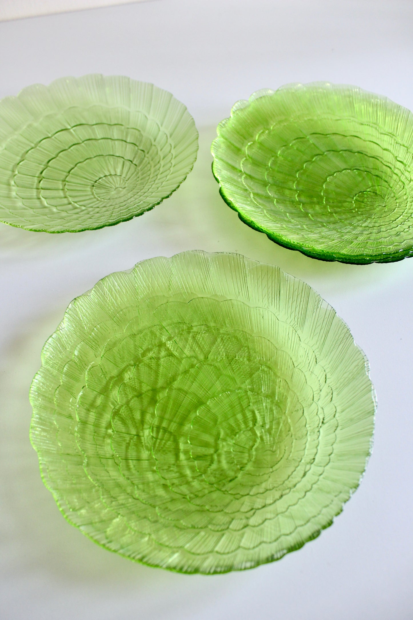 Set of Six Vintage Green Pressed-Glass Shell Plates
