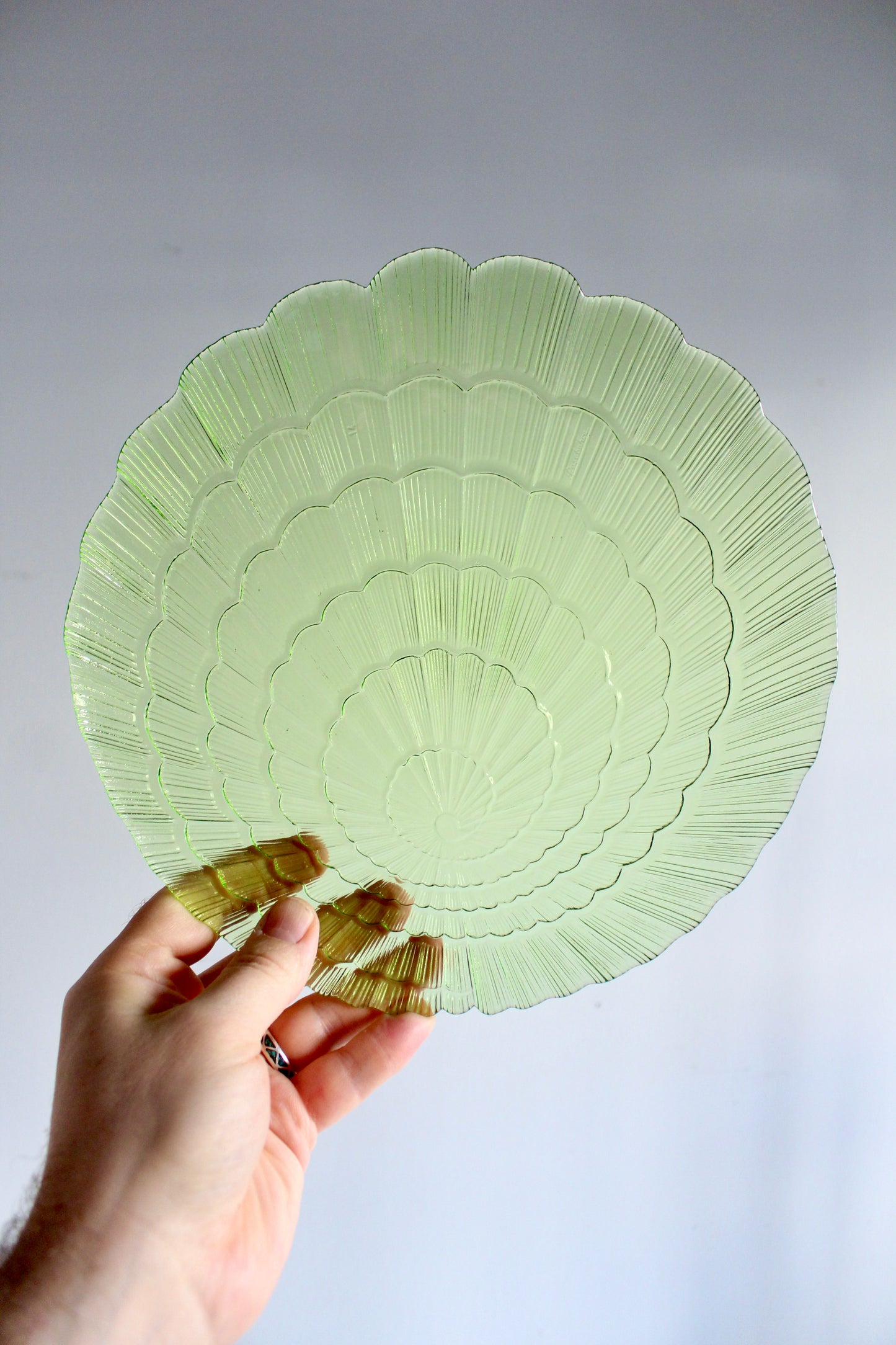 Set of Six Vintage Green Pressed-Glass Shell Plates
