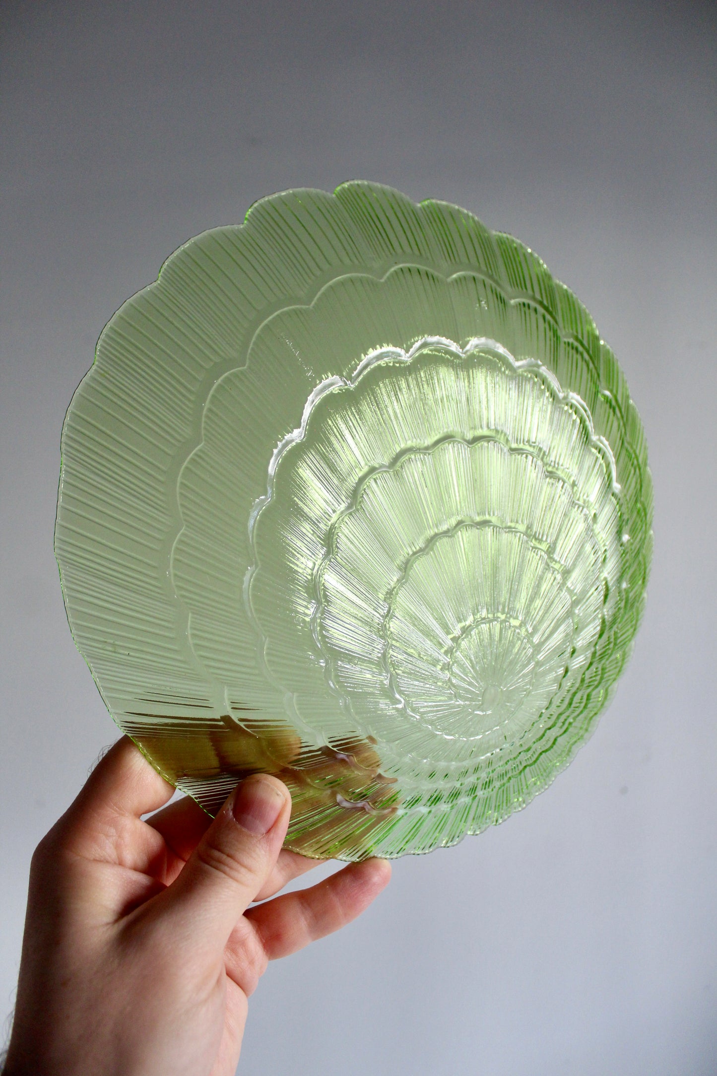 Set of Six Vintage Green Pressed-Glass Shell Plates
