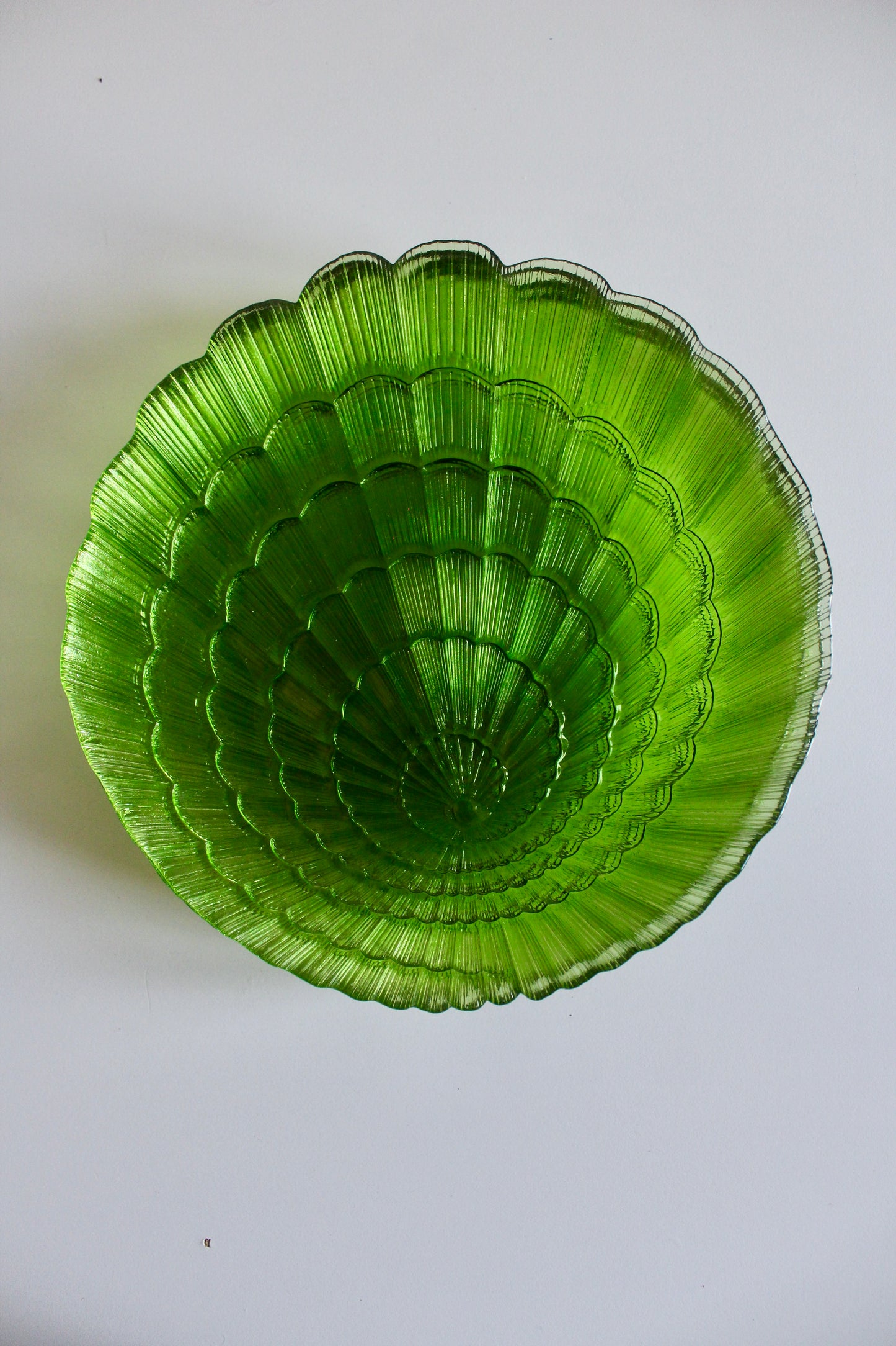 Set of Six Vintage Green Pressed-Glass Shell Plates