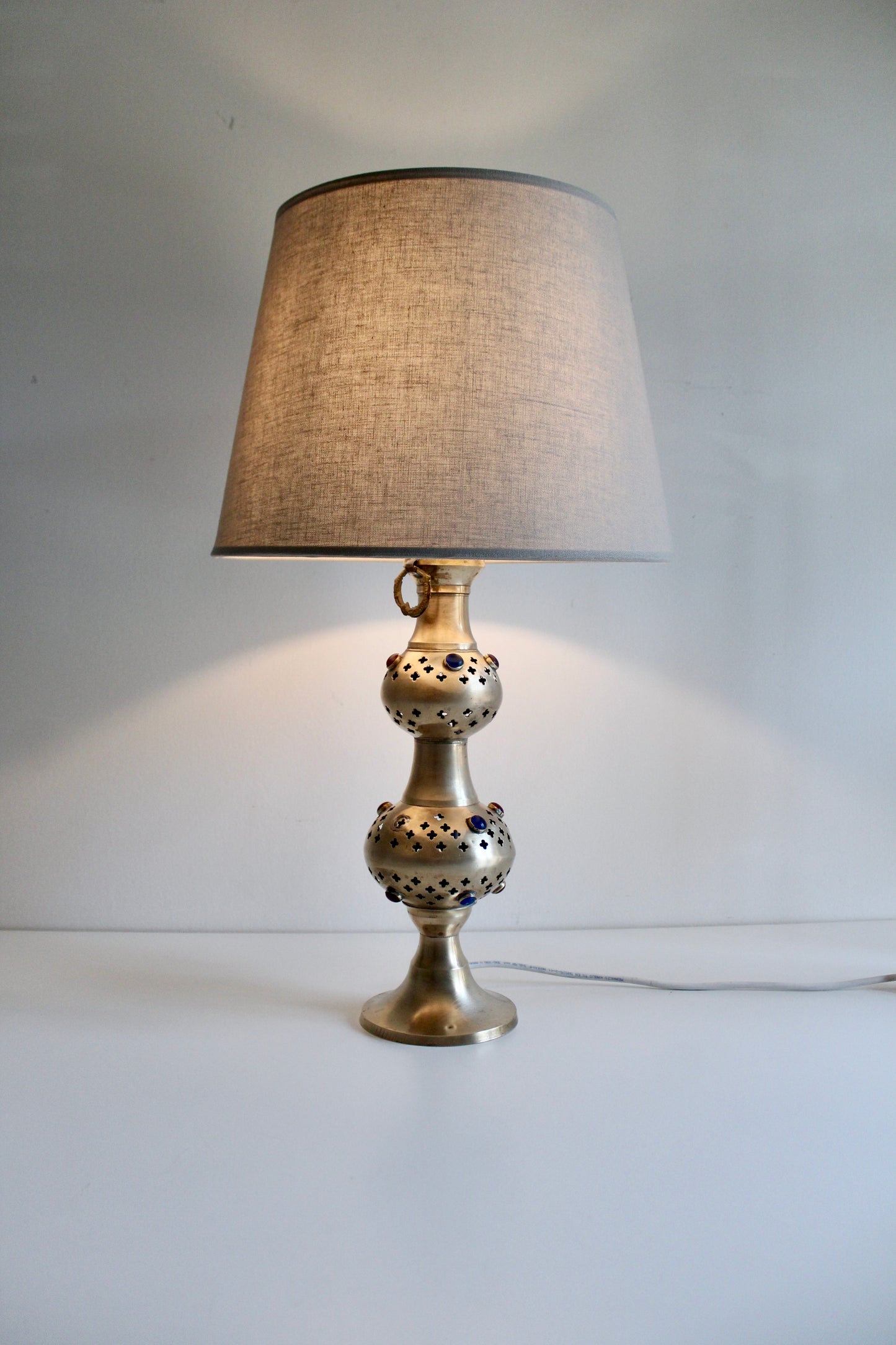 Vintage Pierced Brass Double-Gourd Table Lamp with Jewel Accents