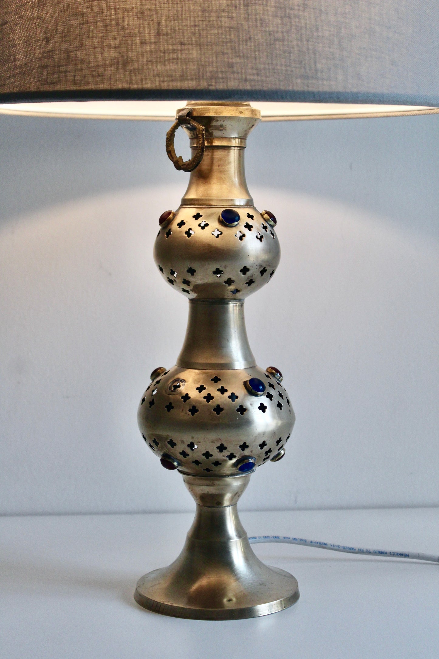 Vintage Pierced Brass Double-Gourd Table Lamp with Jewel Accents