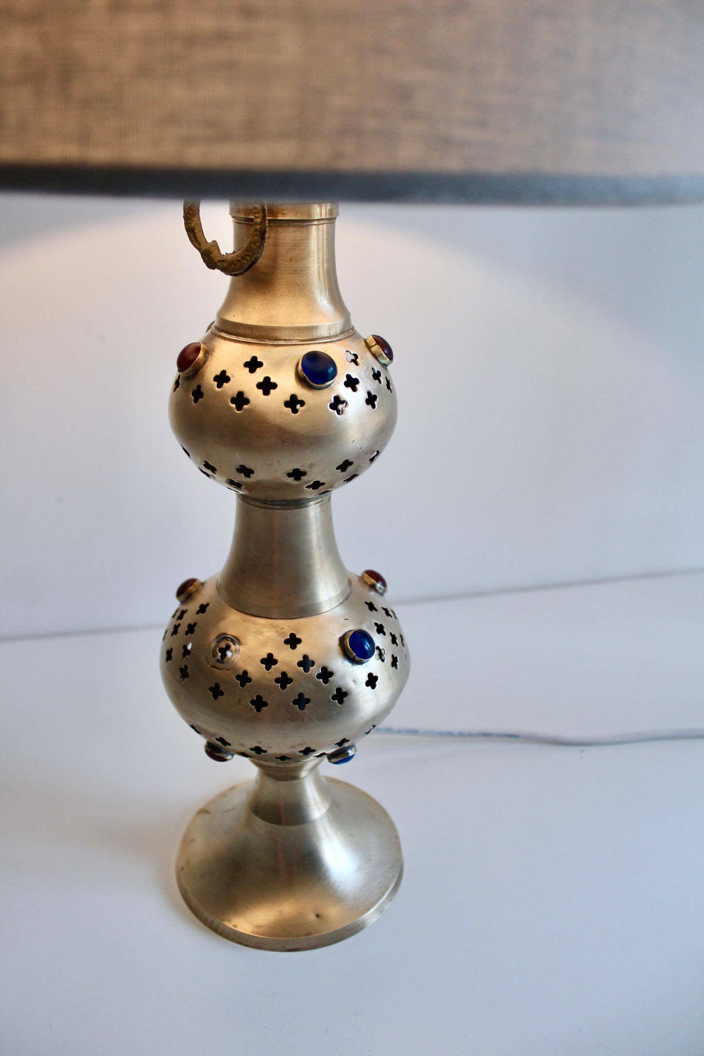 Vintage Pierced Brass Double-Gourd Table Lamp with Jewel Accents