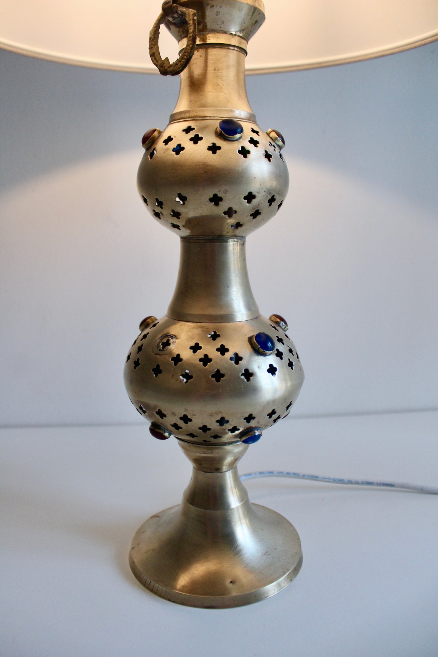 Vintage Pierced Brass Double-Gourd Table Lamp with Jewel Accents