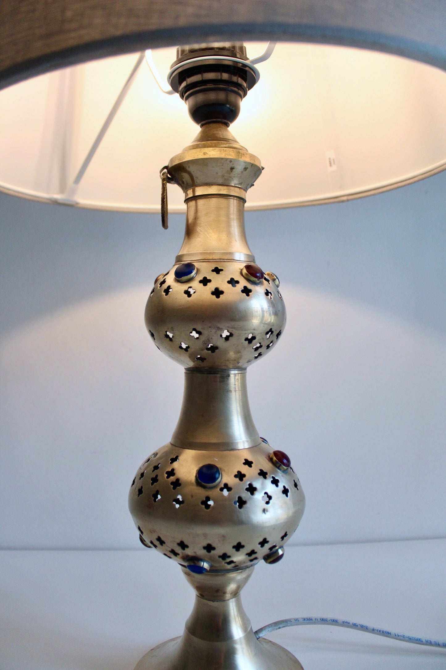 Vintage Pierced Brass Double-Gourd Table Lamp with Jewel Accents