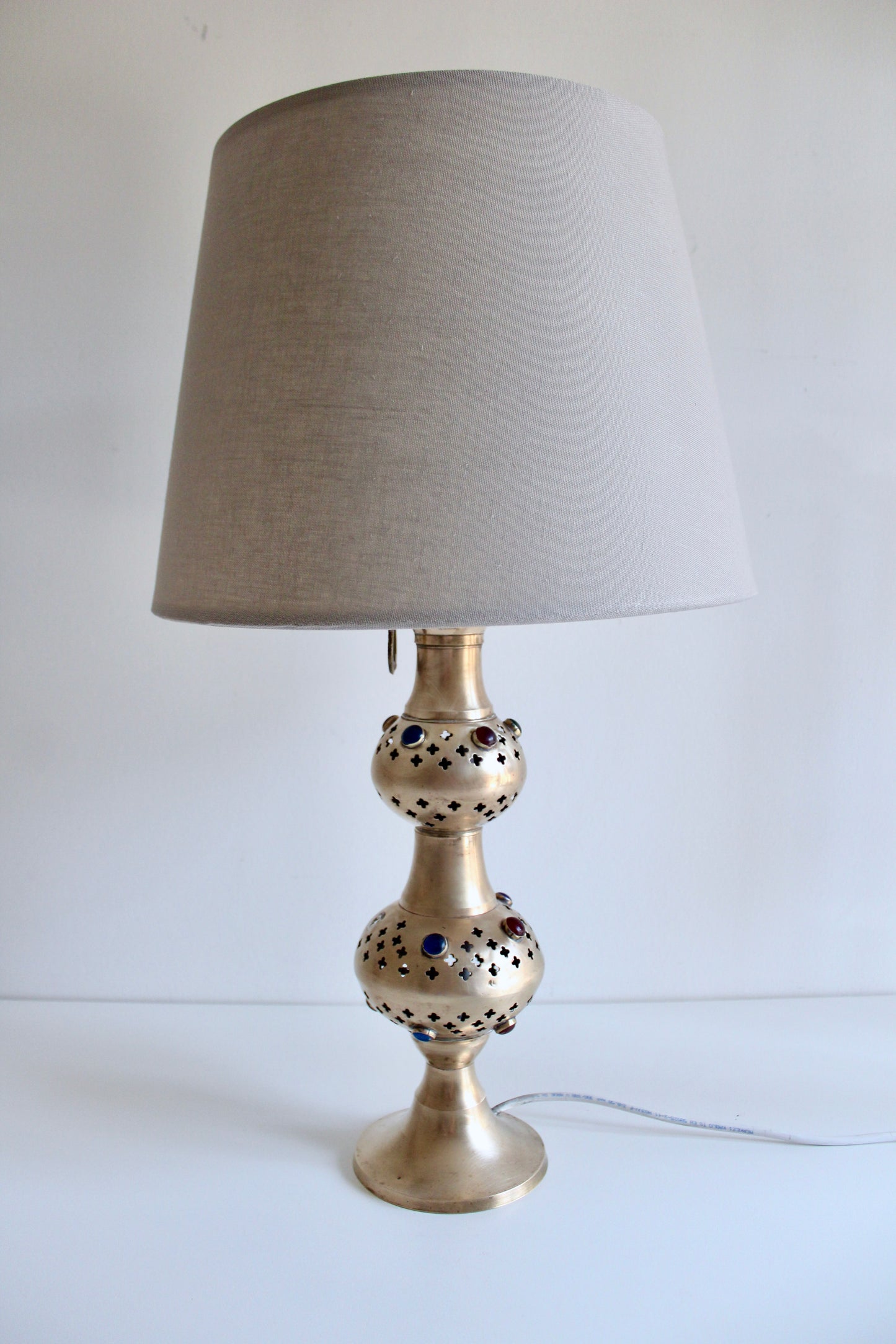 Vintage Pierced Brass Double-Gourd Table Lamp with Jewel Accents