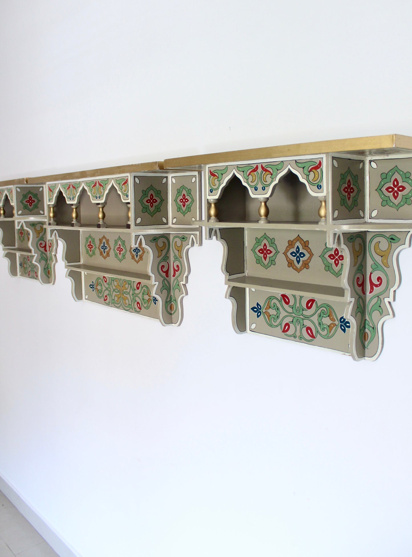 Set of Three Vintage Hand-Painted Moroccan Wall Shelves
