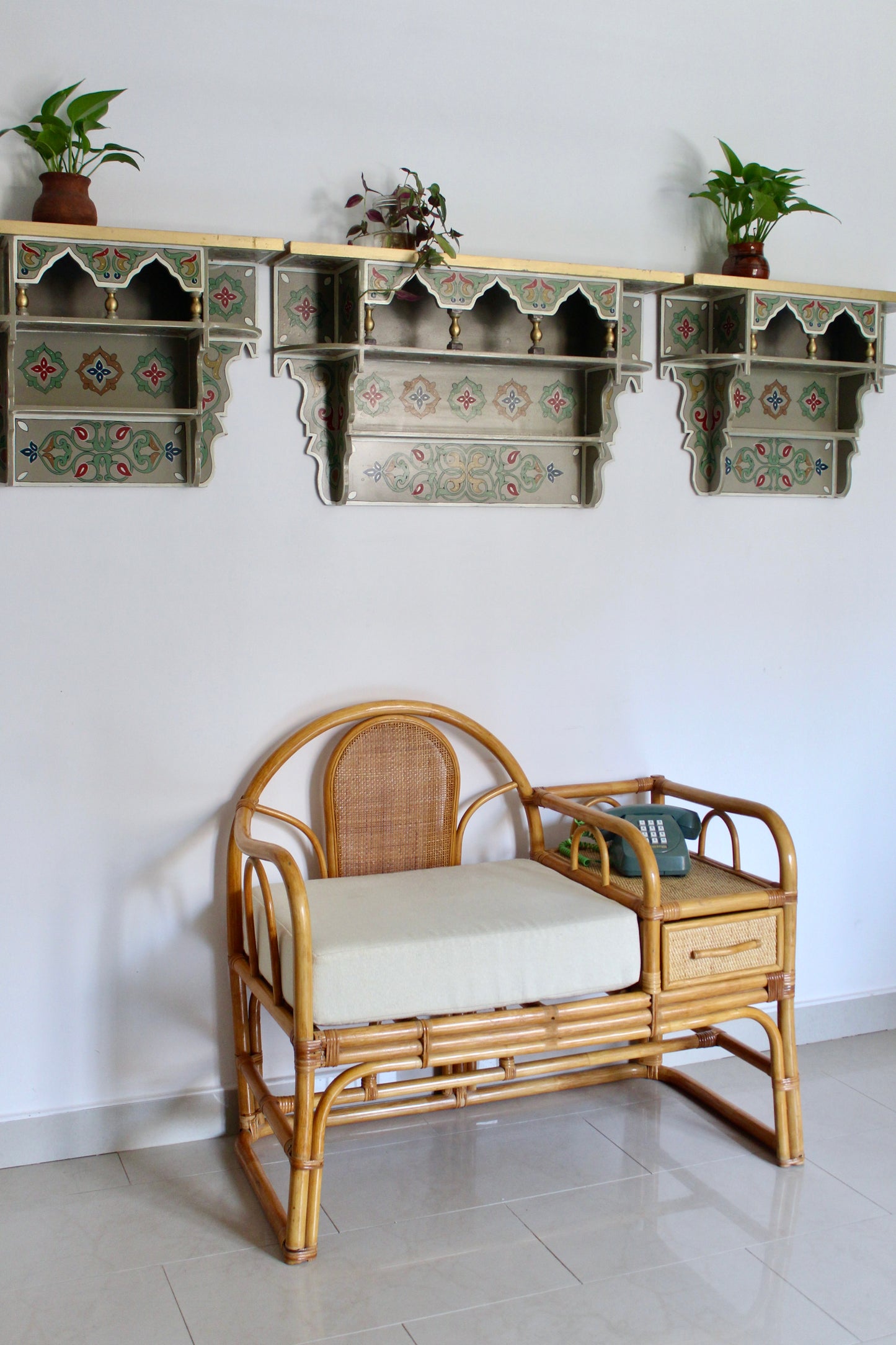 Vintage Rattan Telephone Bench with Side Table and Drawer