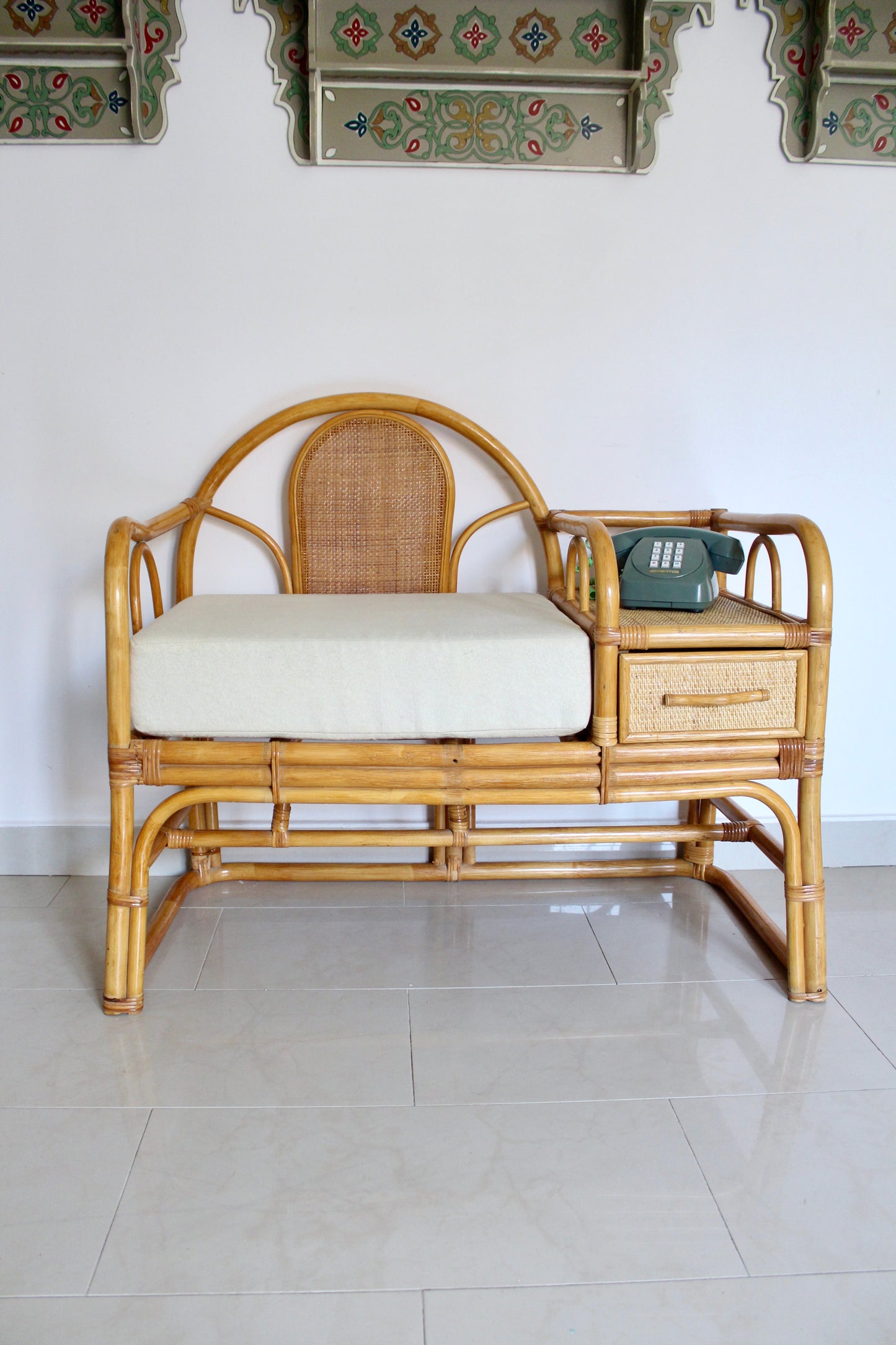Vintage Rattan Telephone Bench with Side Table and Drawer