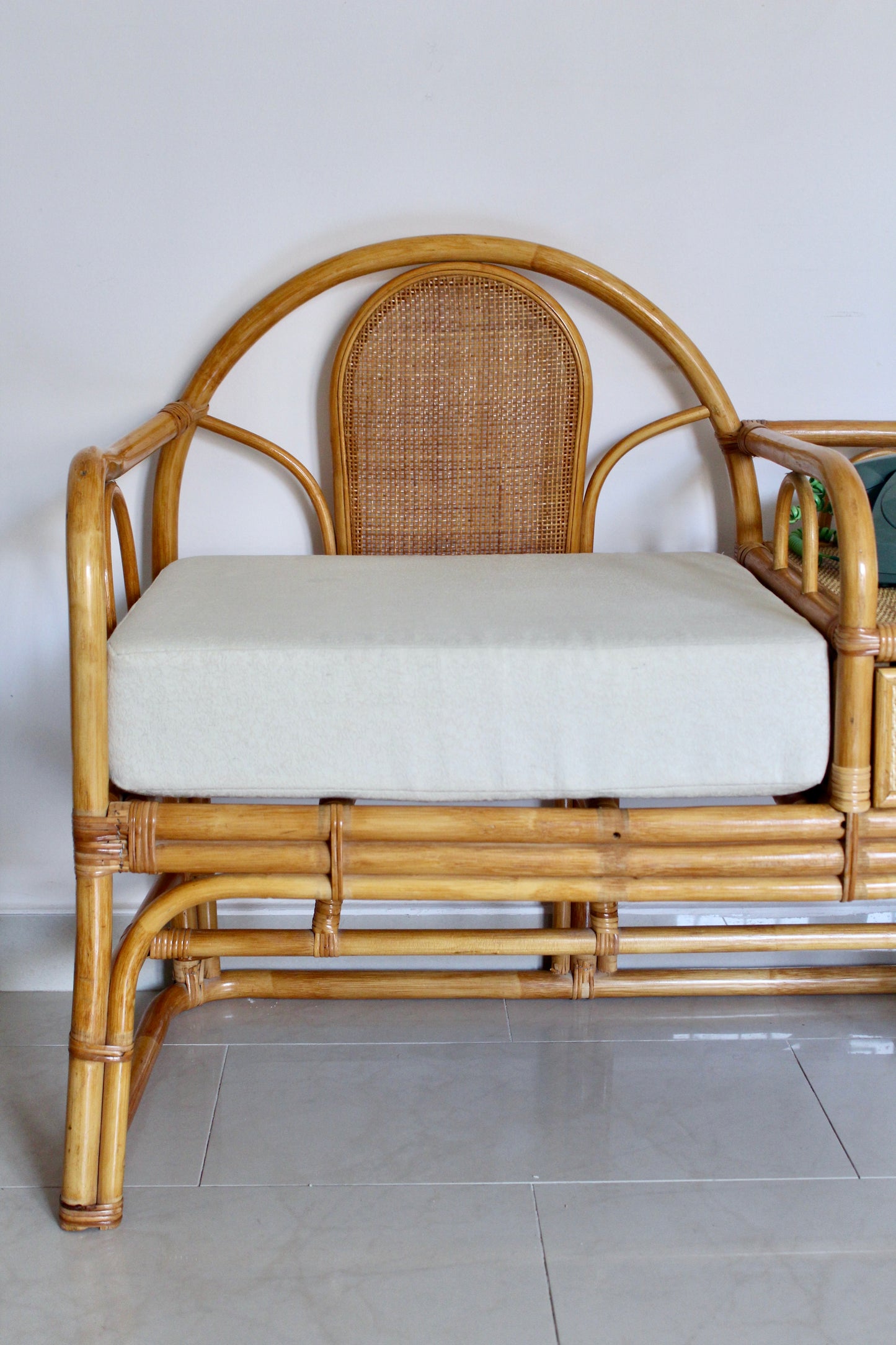 Vintage Rattan Telephone Bench with Side Table and Drawer