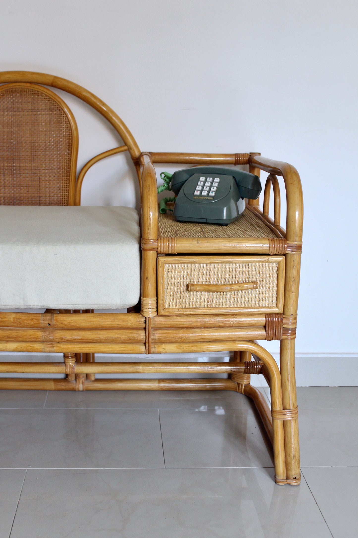 Vintage Rattan Telephone Bench with Side Table and Drawer