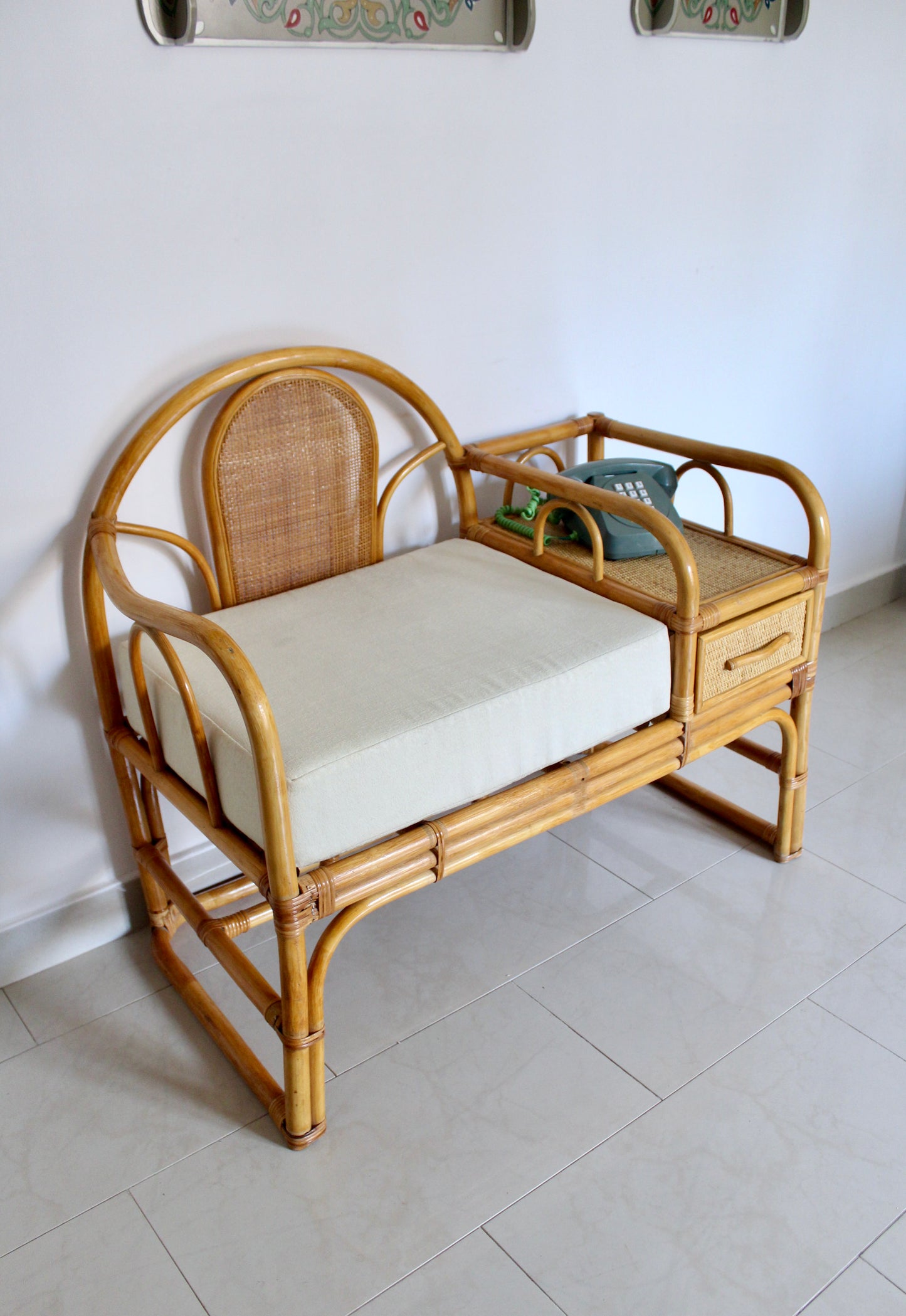 Vintage Rattan Telephone Bench with Side Table and Drawer