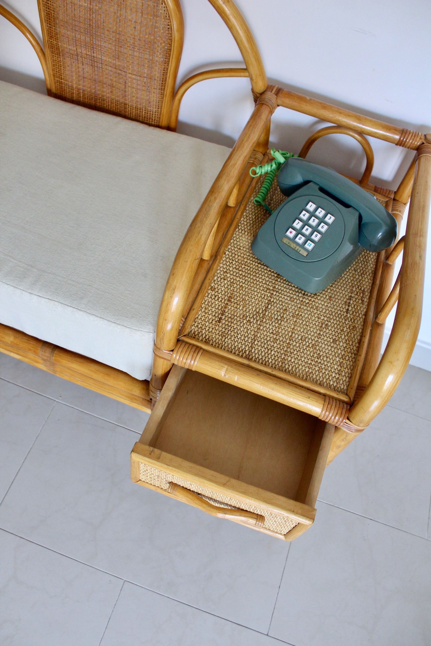Vintage Rattan Telephone Bench with Side Table and Drawer