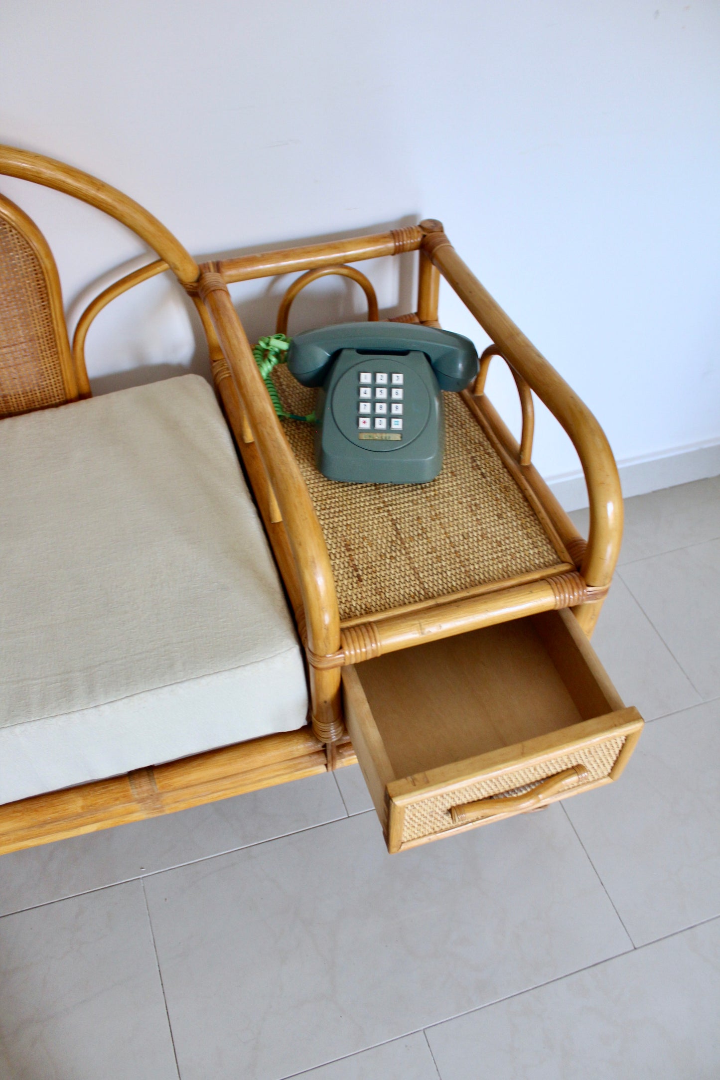 Vintage Rattan Telephone Bench with Side Table and Drawer