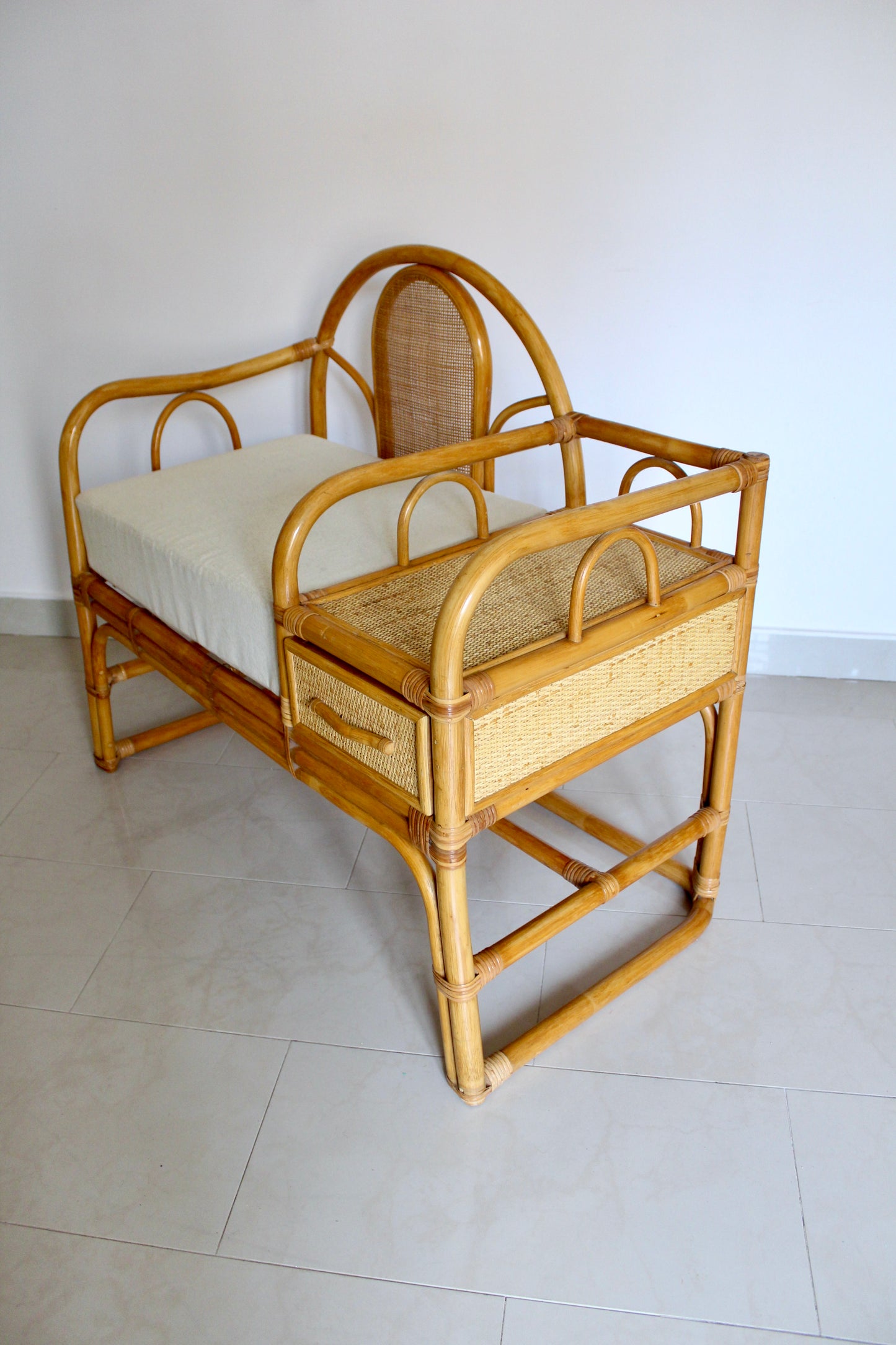 Vintage Rattan Telephone Bench with Side Table and Drawer