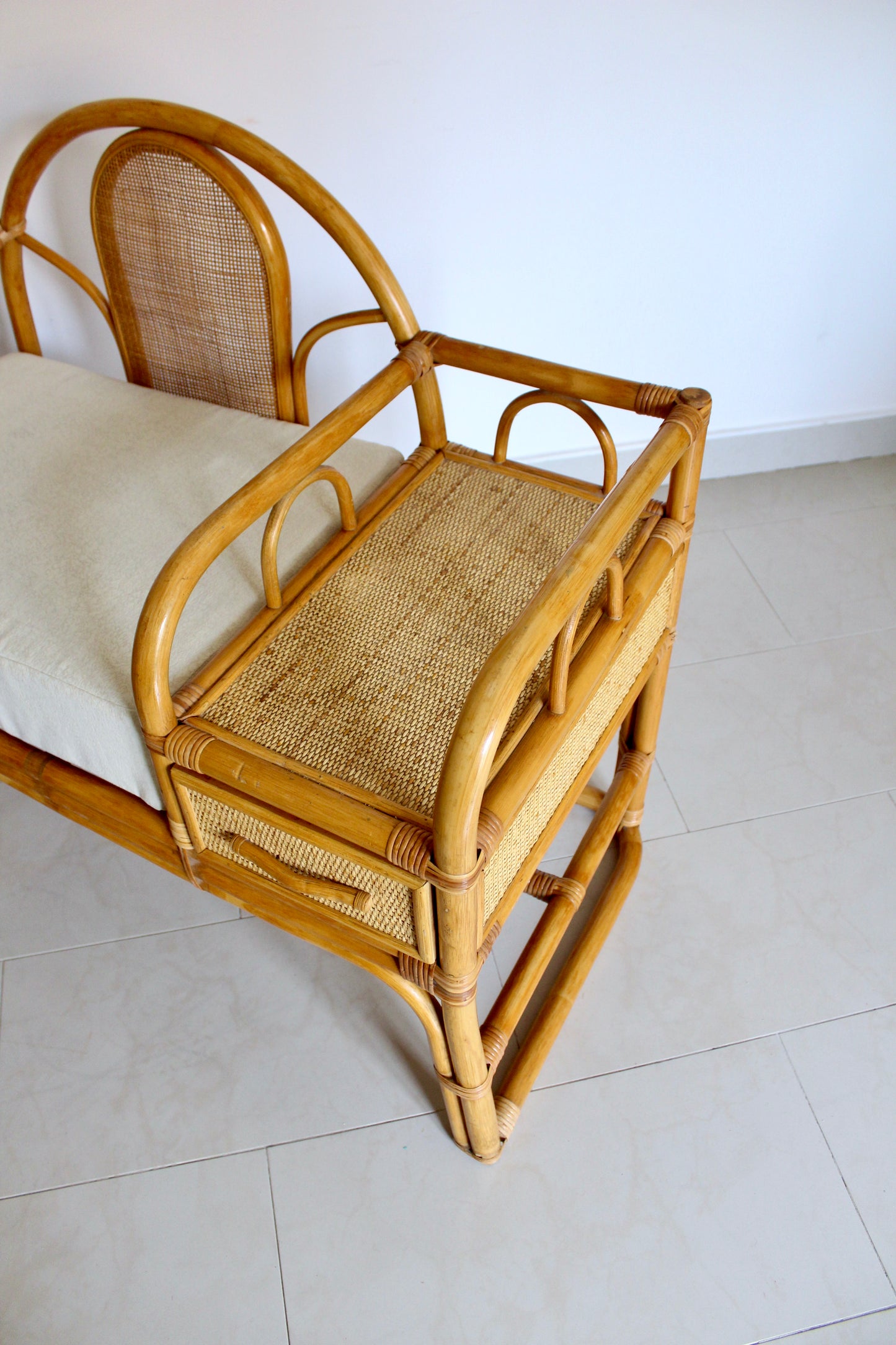 Vintage Rattan Telephone Bench with Side Table and Drawer