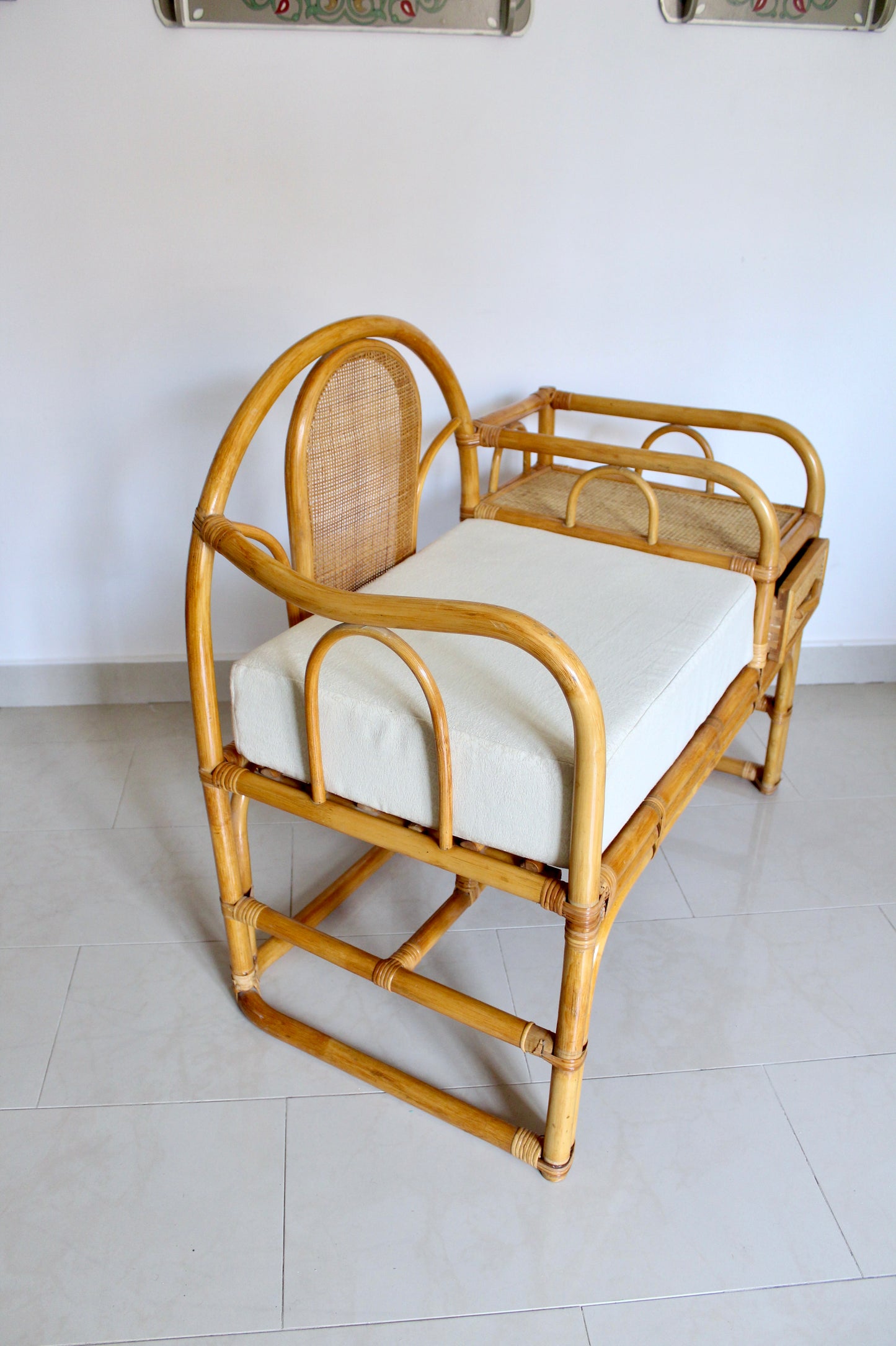 Vintage Rattan Telephone Bench with Side Table and Drawer