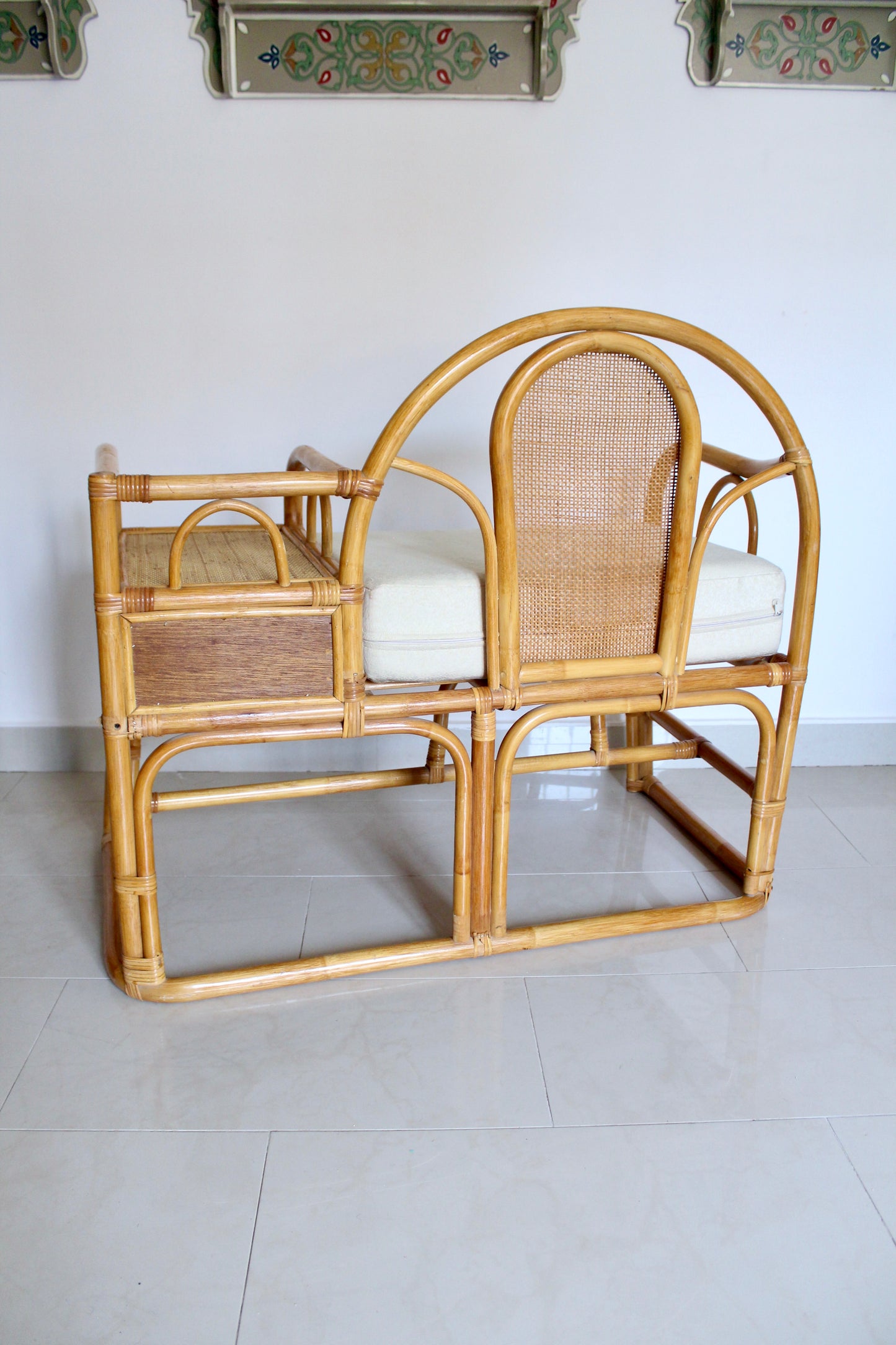 Vintage Rattan Telephone Bench with Side Table and Drawer