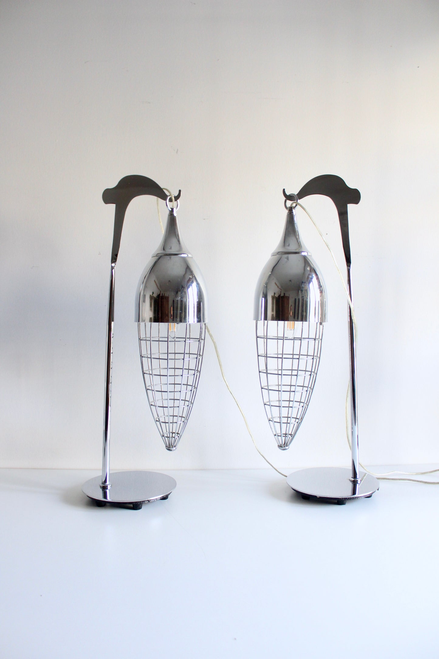Pair of Vintage Chrome Suspended Cage Table Lamps