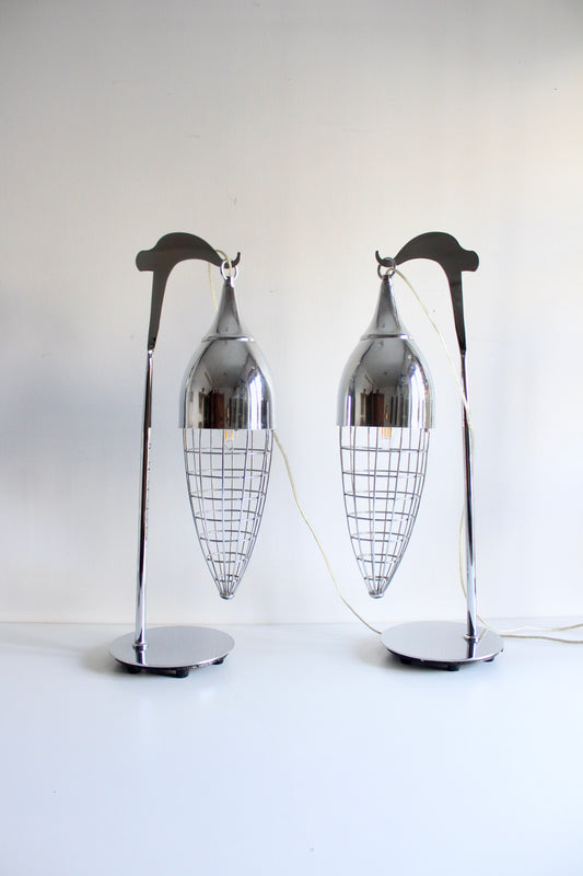 Pair of Vintage Chrome Suspended Cage Table Lamps