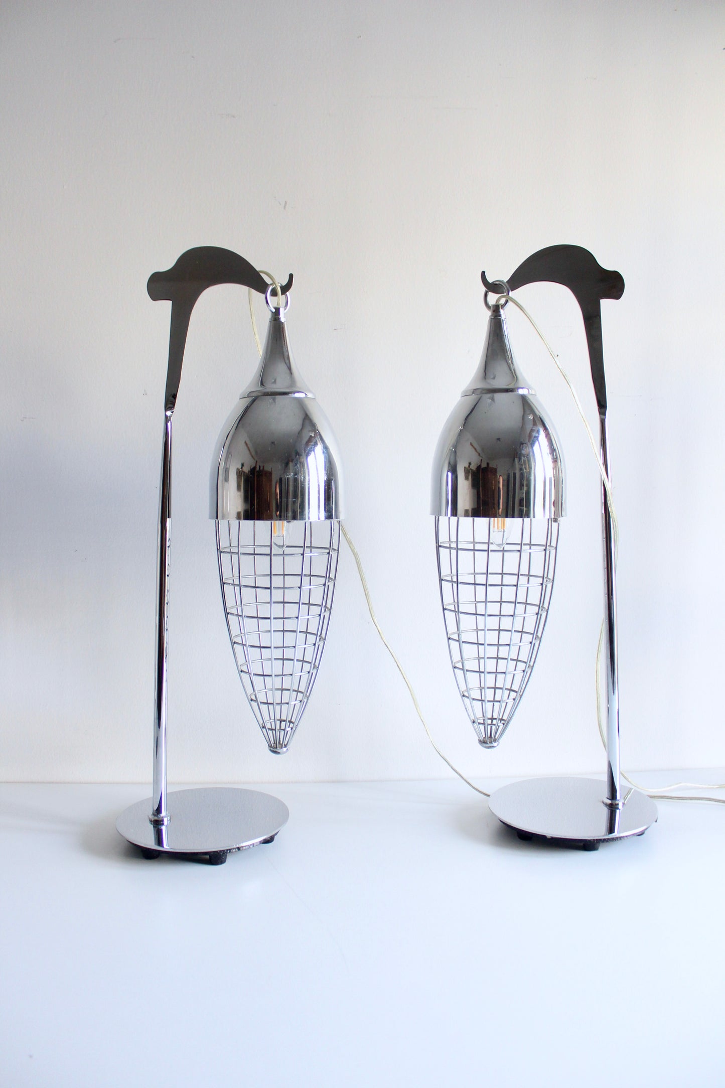 Pair of Vintage Chrome Suspended Cage Table Lamps