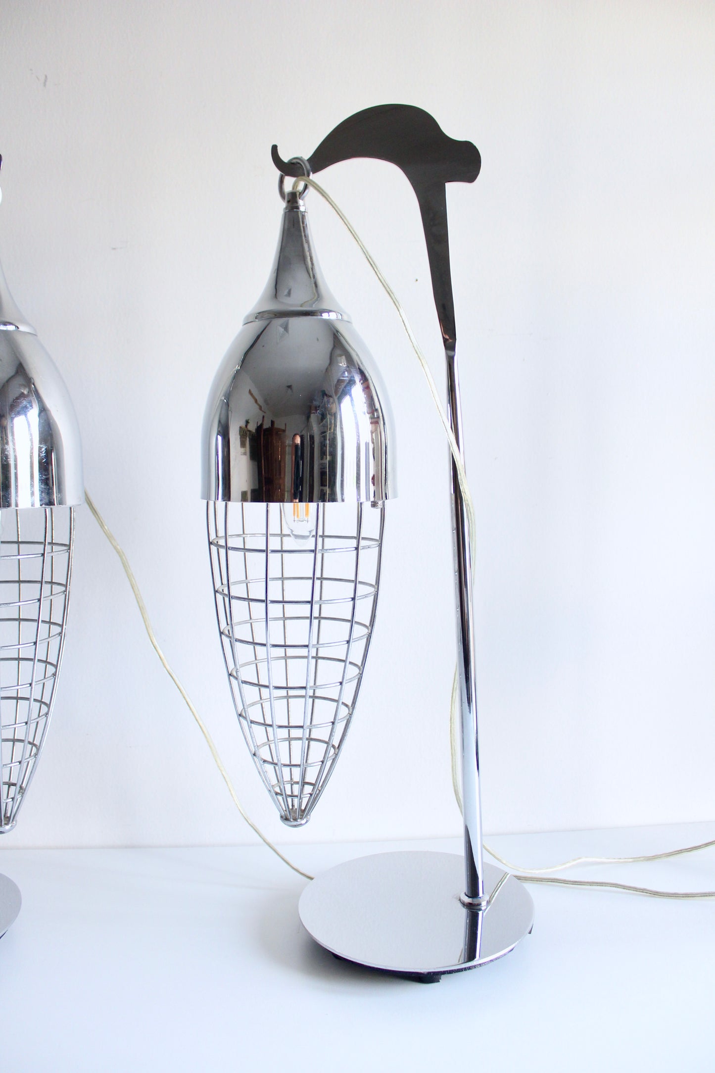 Pair of Vintage Chrome Suspended Cage Table Lamps