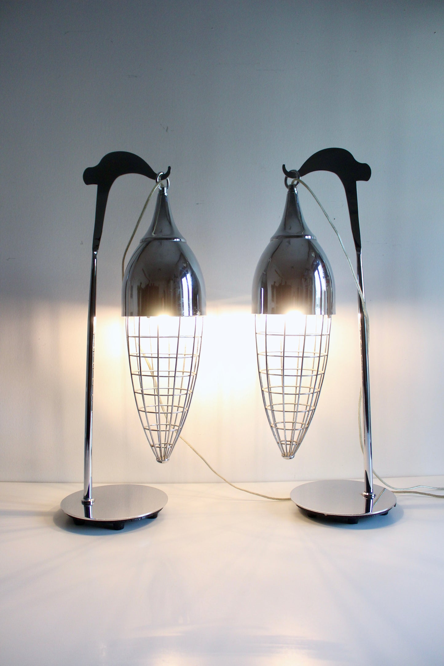 Pair of Vintage Chrome Suspended Cage Table Lamps