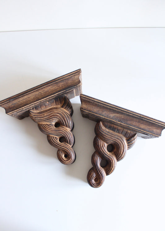 Pair of Vintage Hand-Carved Wooden Wall Bracket Shelves